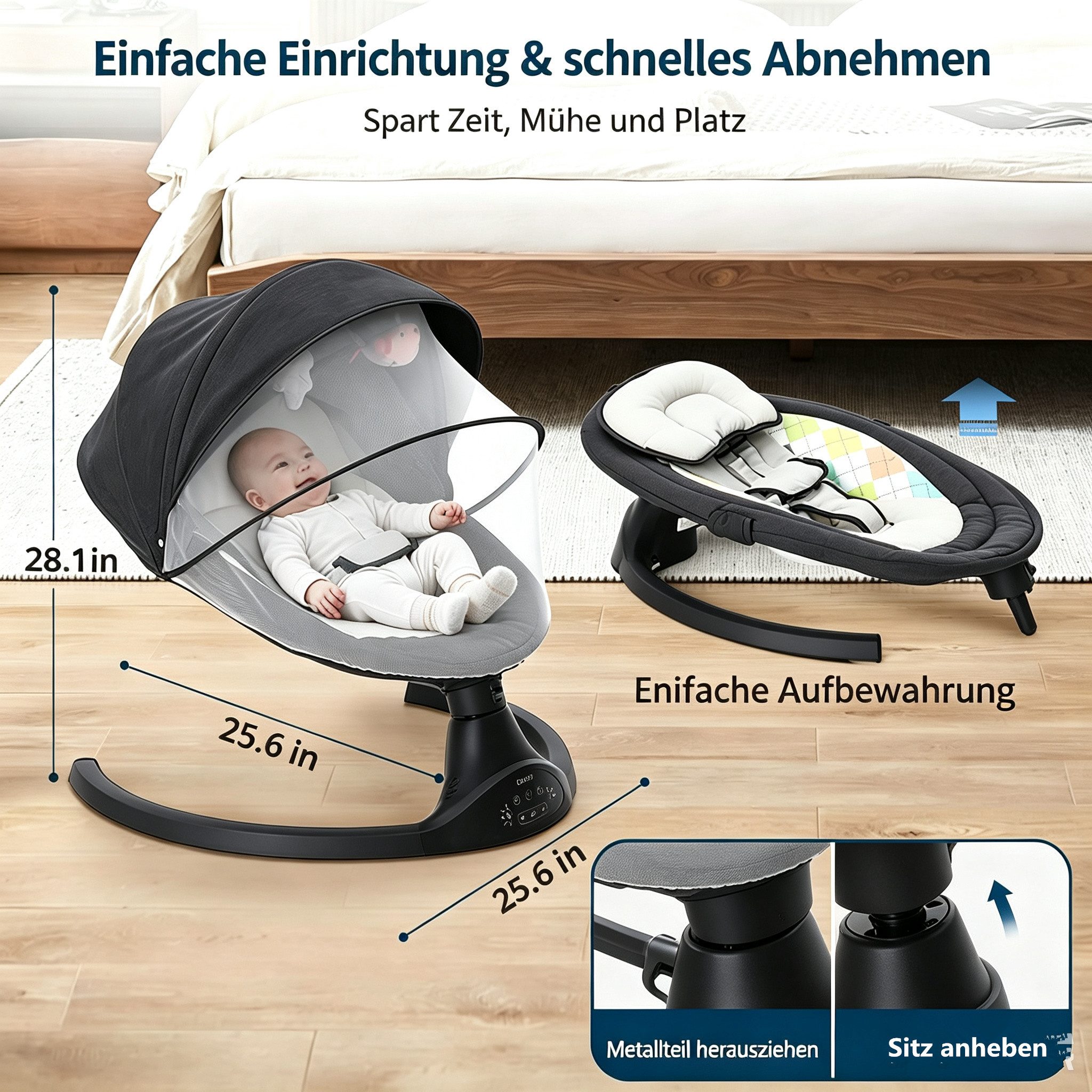 AUDEW Babywippe elektrisch Babyschaukel 5 Gang Schaukelstuhl, mit Fernbedienung, bluetooth Musik, Moskitonetz und 2 x Spielzeug – Bild 5 von 5