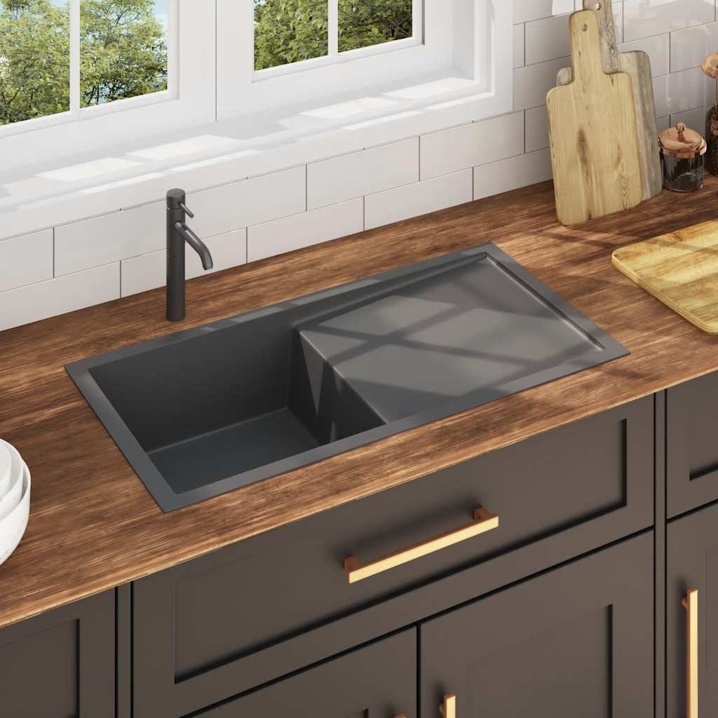vidaXL Granitspüle Handgefertigte Küchenspüle Schwarz Edelstahl, 44/87 cm – Bild 2 von 5