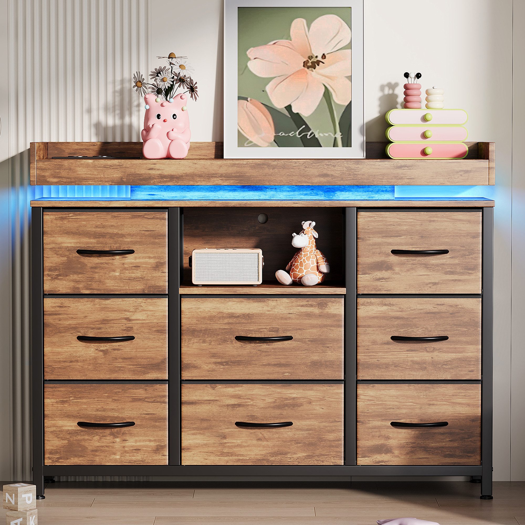 FUROKOY TV-Schrank Kommode mit 8 Schubladen aus Stoff (Fernsehschrank Sideboard Metallgestell, Industrie-Design) für Schlafzimmer Wohnzimmer Flur, 108 x 30 x 82 – Bild 3 von 5