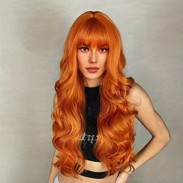 YRIIOMO Toupet Perücke für Damen mit orangefarbenem langem Haar, großen lockigen, Wellen, modischem Luftpony, Vollkopfbedeckung