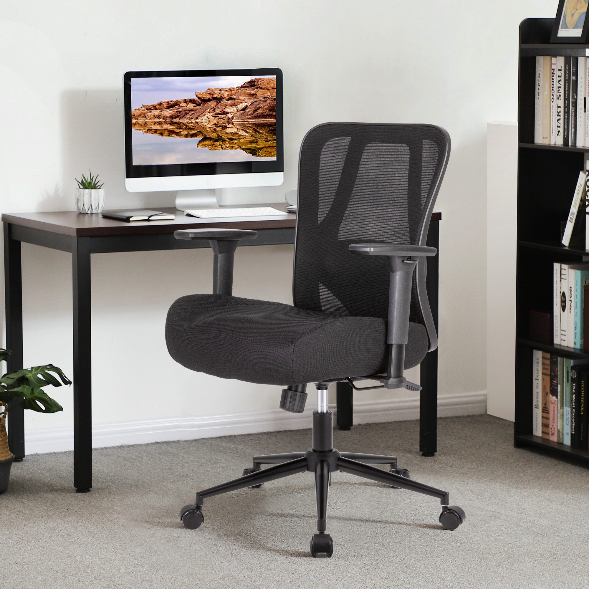 UEV Bürostuhl 230kg belastbarkeit ergonomisch, Schreibstuhl Mesh (verstellbare Armlehnen /atmungsaktiv Stoff /15cm dickem Sitzkissen), Chefsessel mit Wippfunkti – Bild 4 von 5