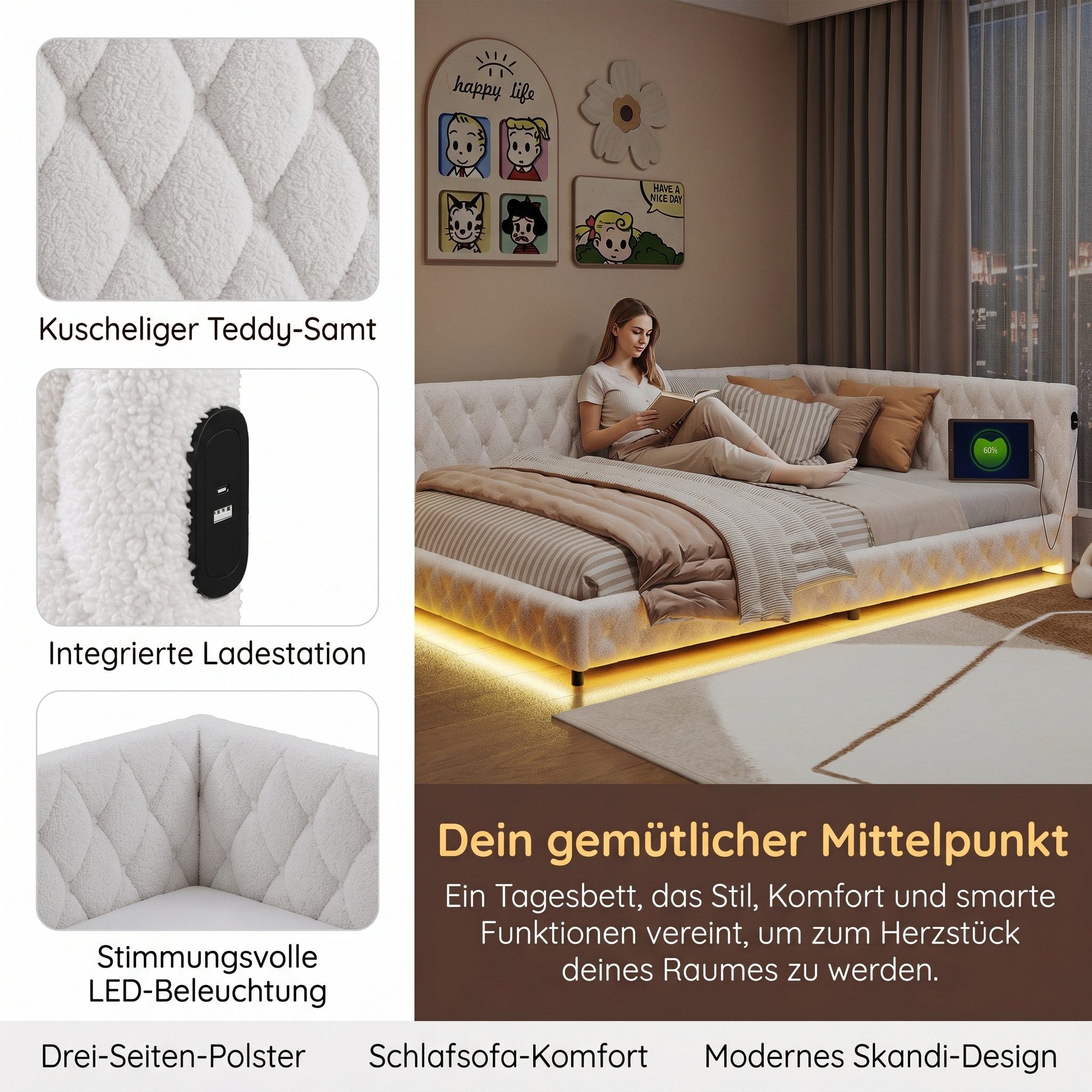 PXloue Polsterbett Daybett Tagesbett, Schlafsofa,Mit LED-Beleuchtung und USB-Ladeanschluss,140x200 cm
