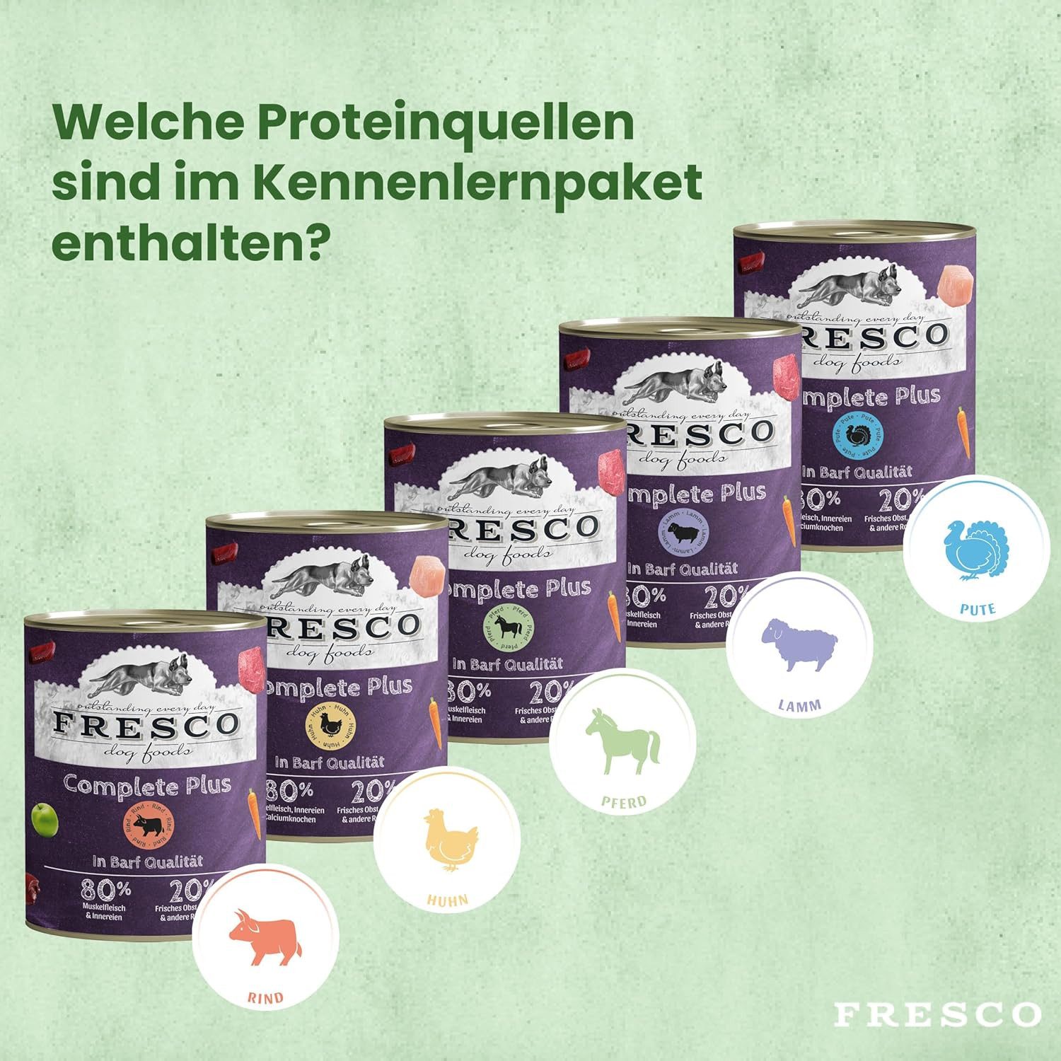 Fresco Dog NassBarf PROBIERPAKET Hundefutter Nass 5 x 400g, Nassfutter für: Hunde, Getreidefrei mit Huhn, Rind, Pferd, Lamm & Pute