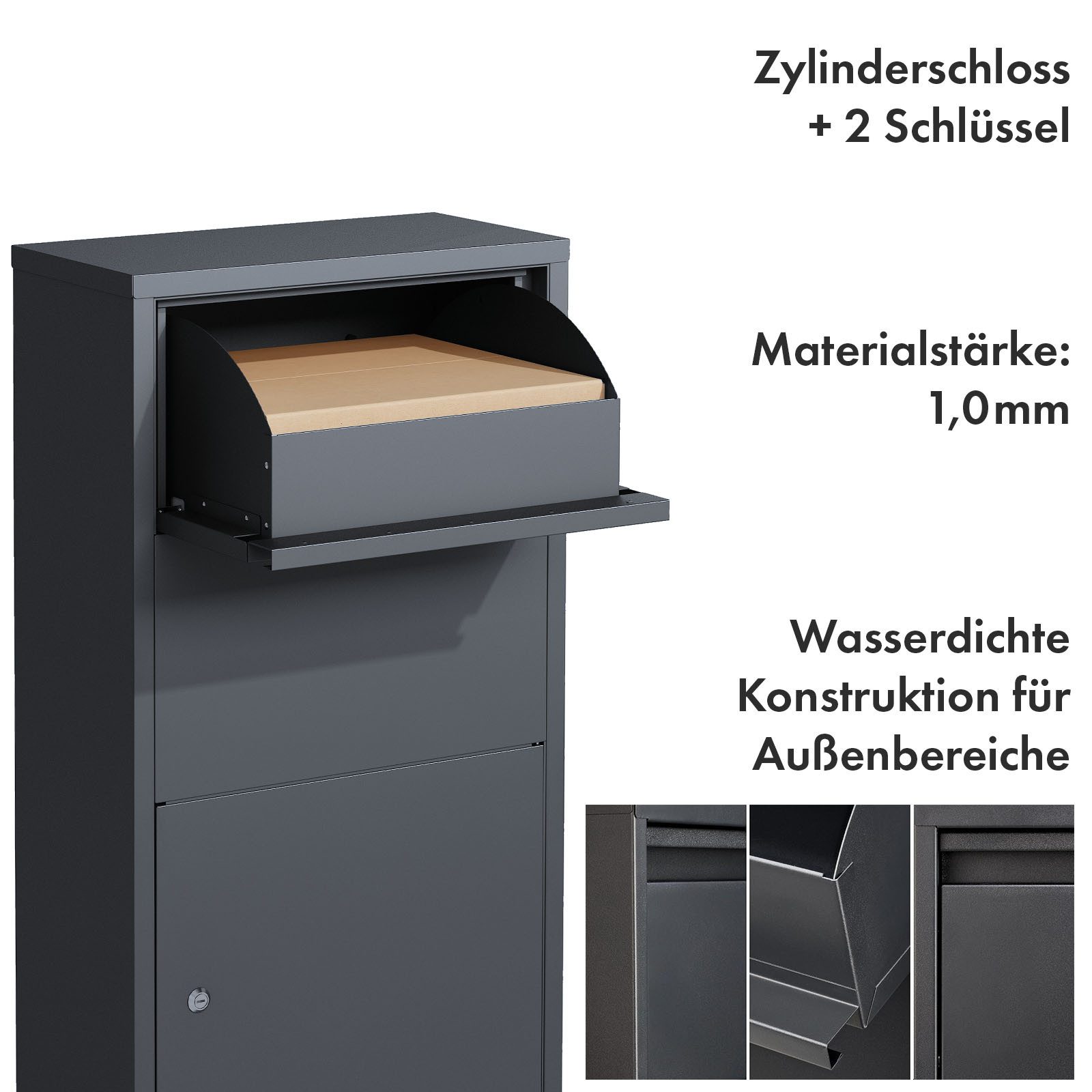 Kubus Paketbox Adrien, Sicherer Paketkasten mit cleverem Klappensystem, Witterungsbeständig und schnell montiert