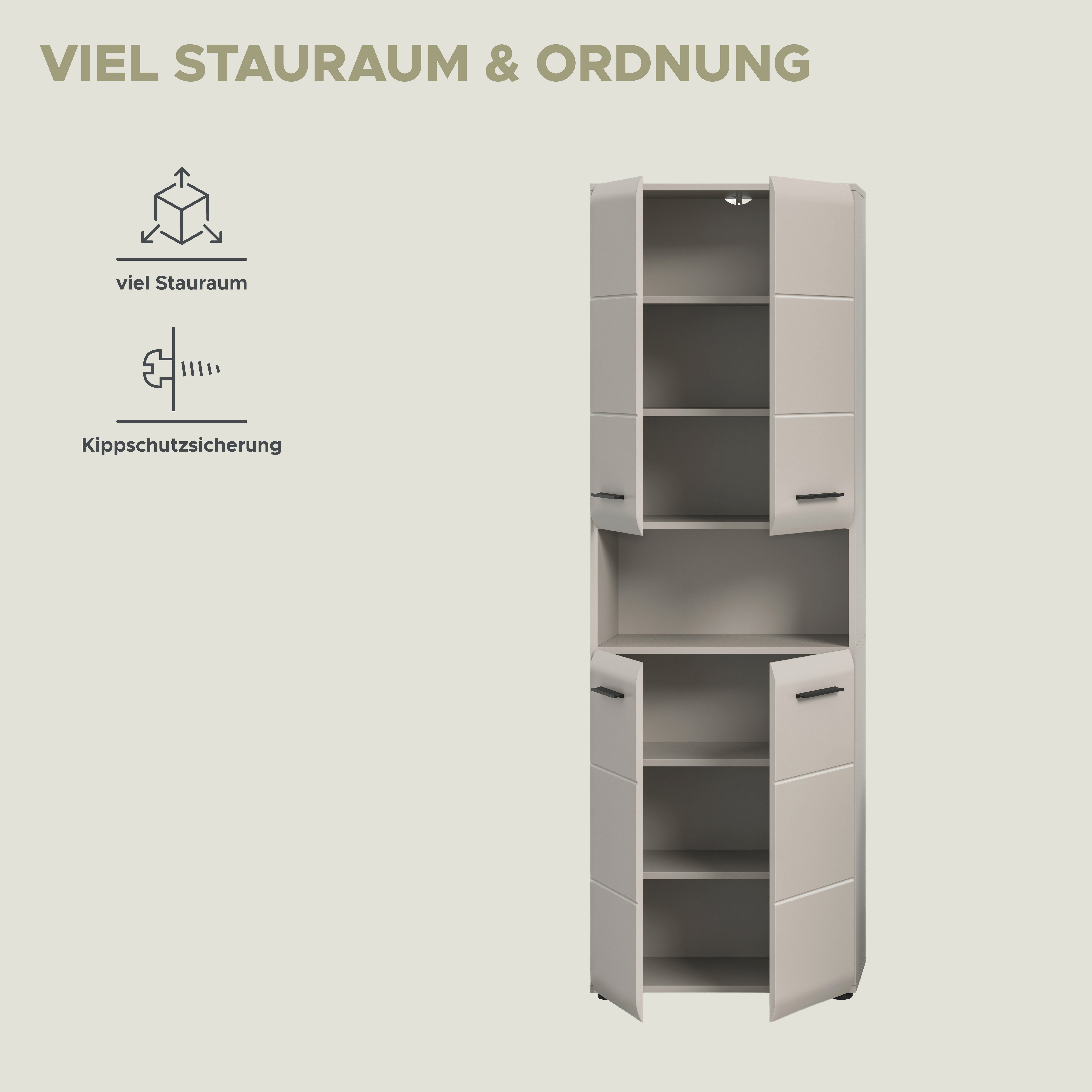 welltime Stauraumschrank FLORENZ, Höhe 185 cm, 4 oder 6 Türen, viel Stauraum (1-St., TOPSELLER) hochwertige MDF Front, Griff schwarz, Badschrank, Bad – Bild 4 von 5