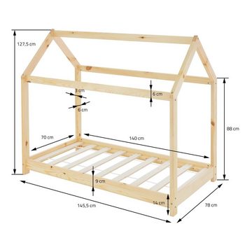 ML-DESIGN Kinderbett Hausbett mit Dach und Lattenrost aus massivem Kiefernholz, Bett 70x140 cm Natur stabiles Spielbett aus Kiefernholz