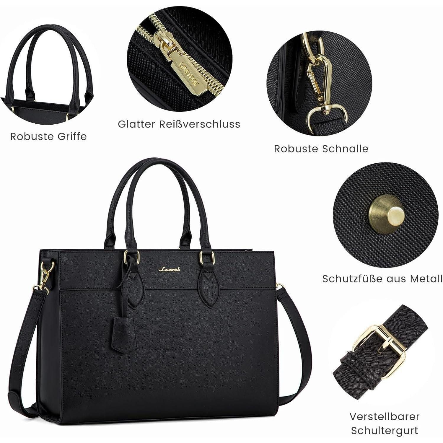LuxusKollektion Laptoptasche 15,6 Zoll Laptoptasche Damen PU Leder Schwarz wasserdicht – Bild 5 von 5