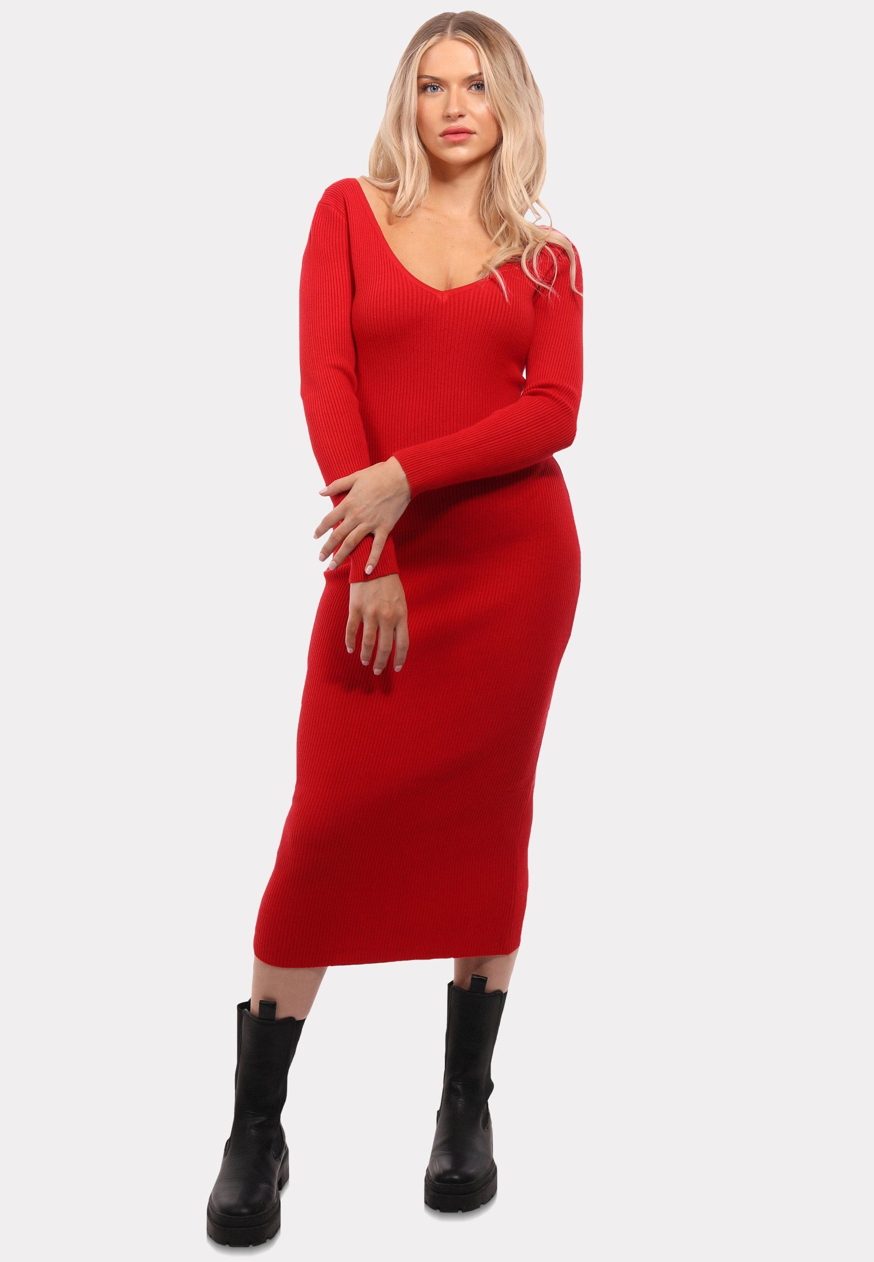 YC Fashion & Style Strickkleid Strickkleid mit V-Ausschnitt KNIT DRESS (1-tlg) in Unifarbe rot