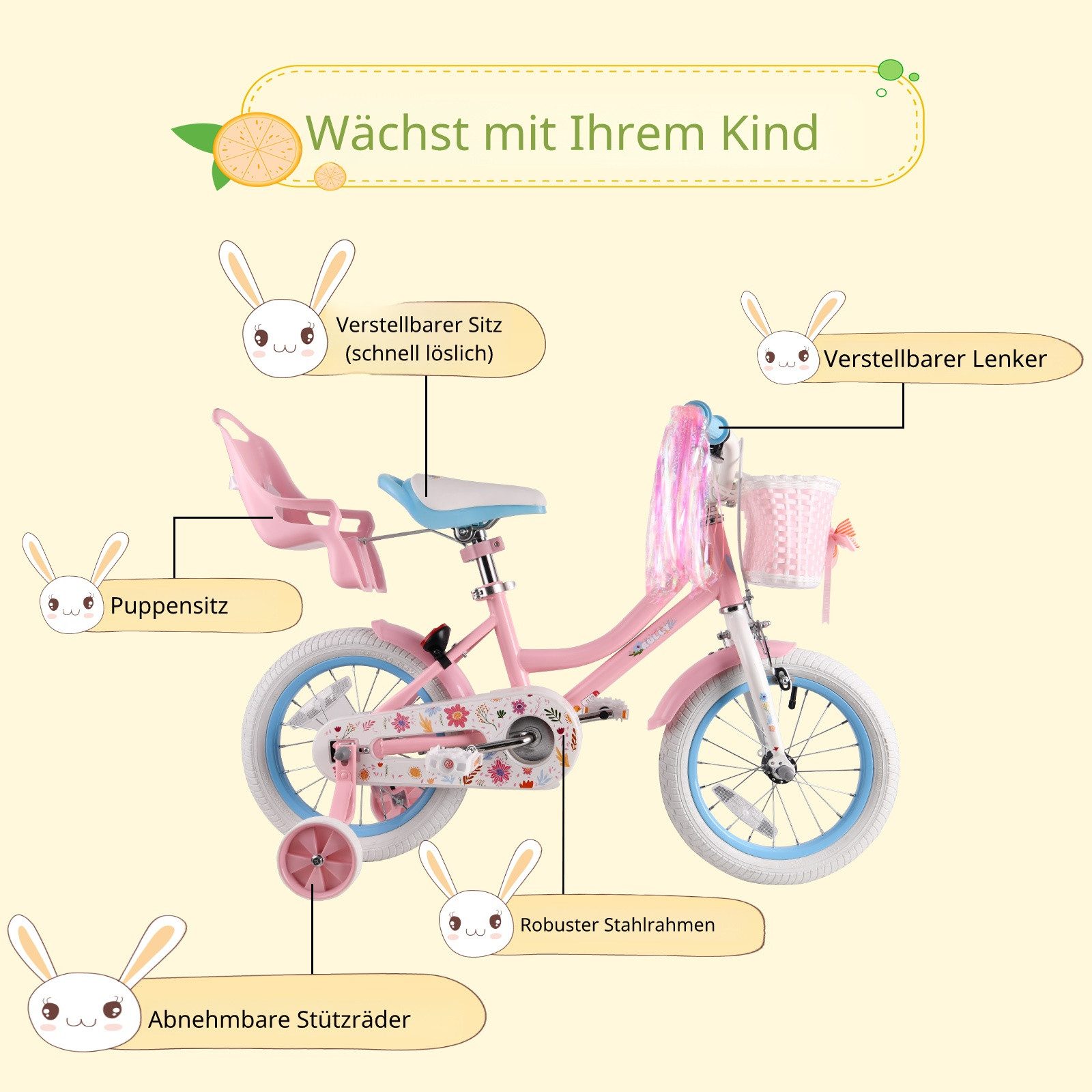 RULLY Kinderfahrrad Kinderfahrrad 12/14/16/18 Zoll für 2–9 Jahre mit Stützrädern, 1 Gang, Inkl. Korb, Puppensitz, Stützrädern, Schutzblechen & Klingel
