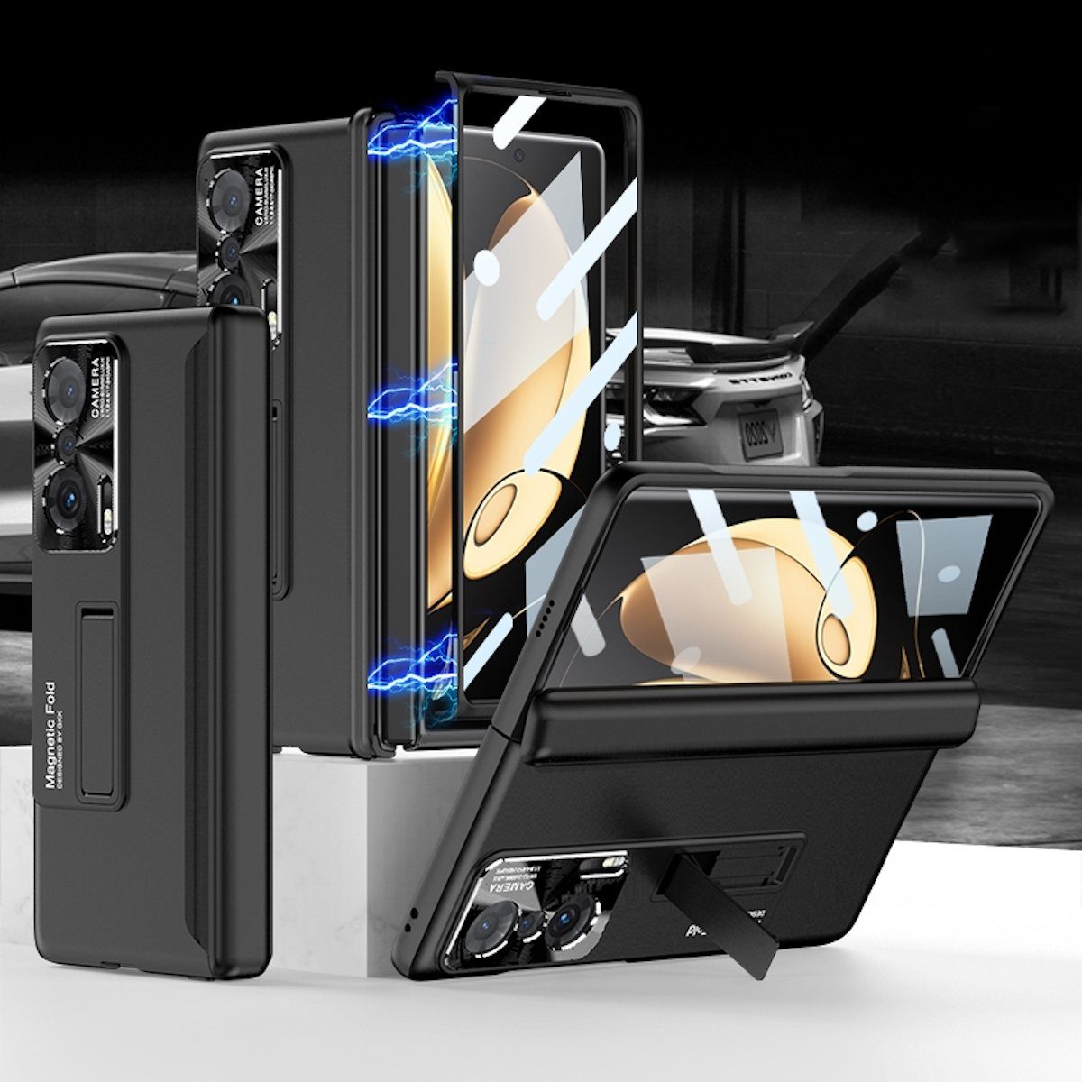 Wigento Handyhülle Für Honor Magic V Magnetscharnier Kunststoff Handy Tasche Hülle Etuis Schwarz