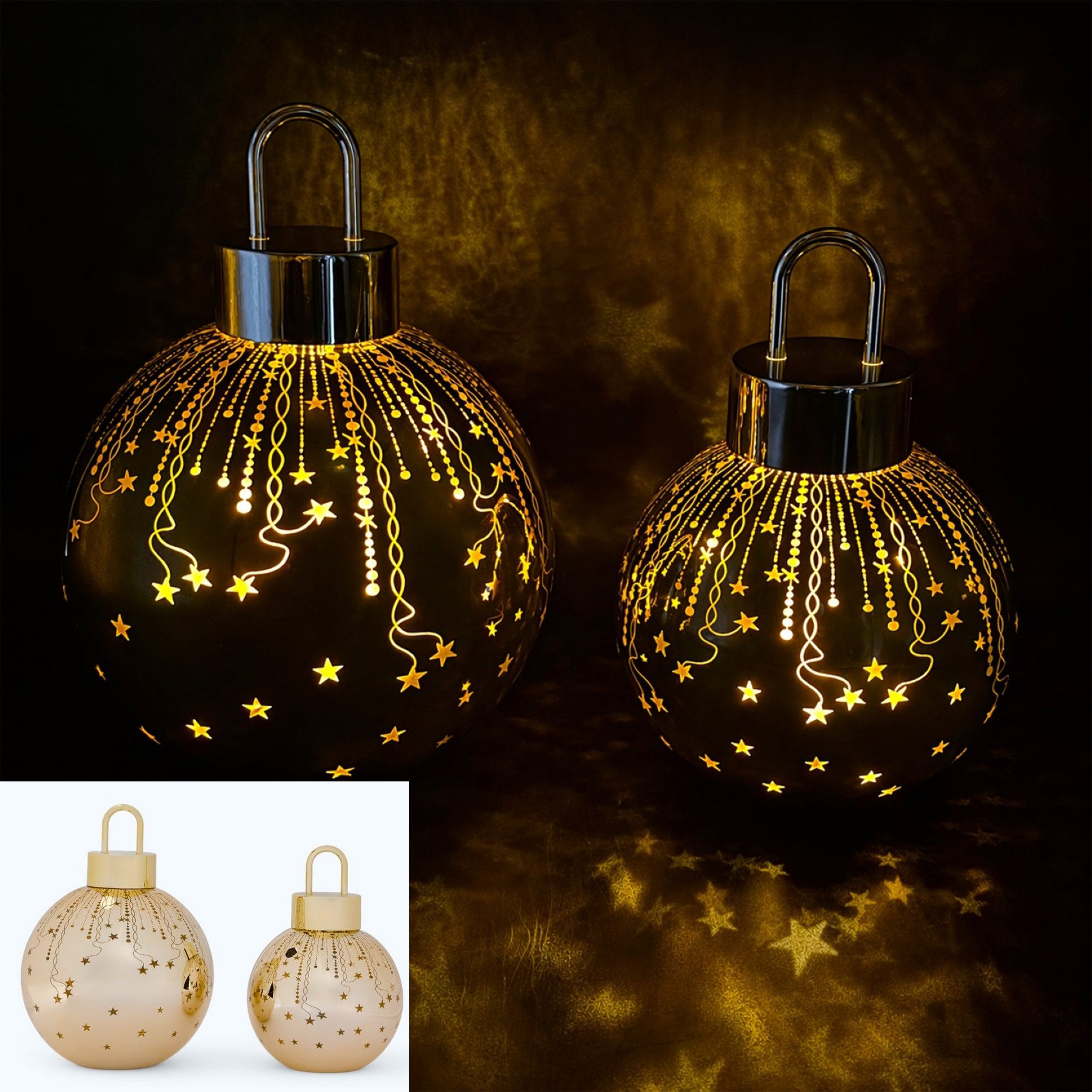 Online-Fuchs LED-Dekofigur 2 Weihnachtskugeln aus Glas mit LED-Lichterkette & Timer - Deko (ruhiges Leuchten oder Flackereffekt wählbar, Rot, Grün, Silber oder Champagner), Weihnachtsdeko für den Innenbereich