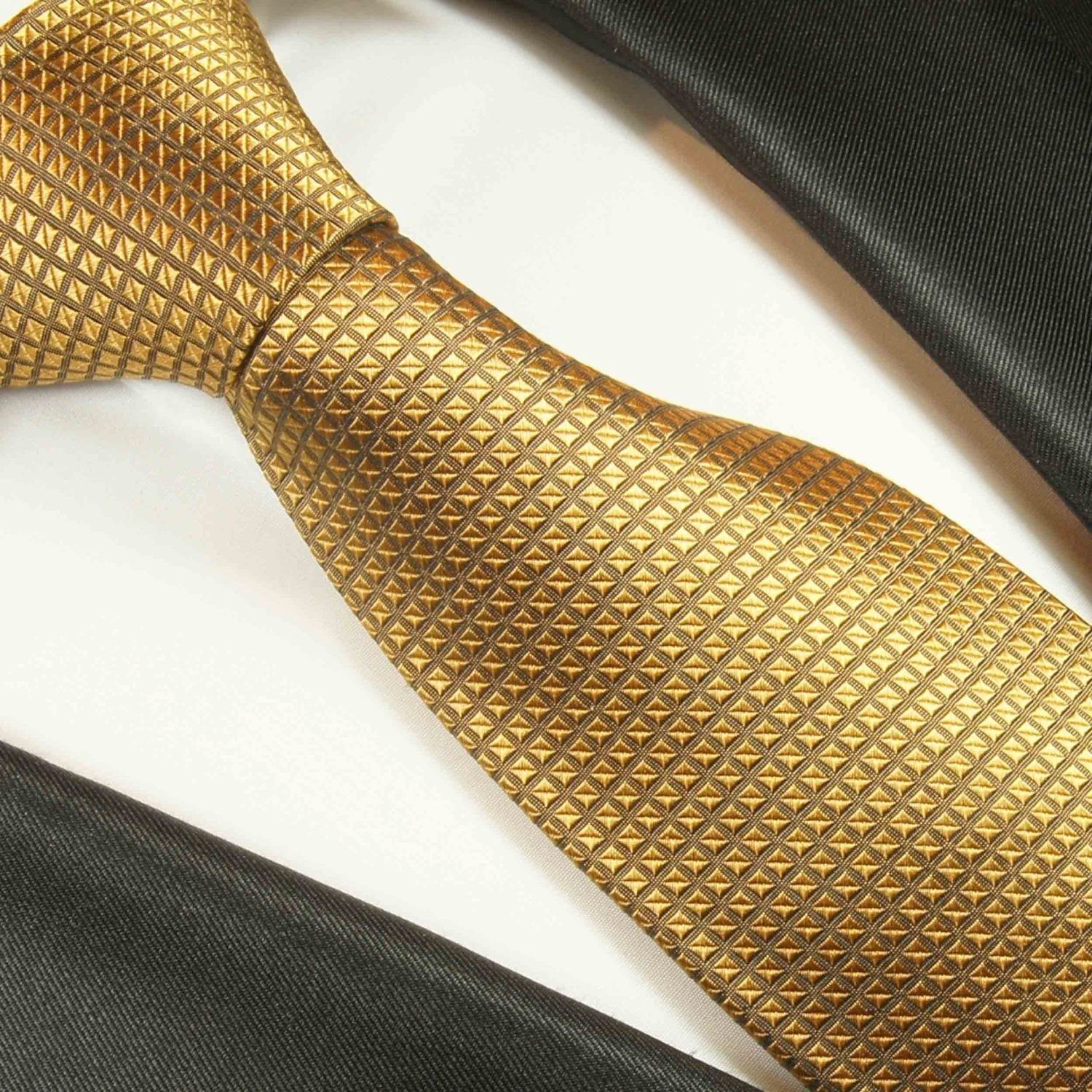 Seide 2-St., Tuch Malone 2045 Waffelmuster uni Krawatte Einstecktuch) mit mit (6cm), Seidenkrawatte (Set, Krawatte Schmal Herren Paul 100% modern gold