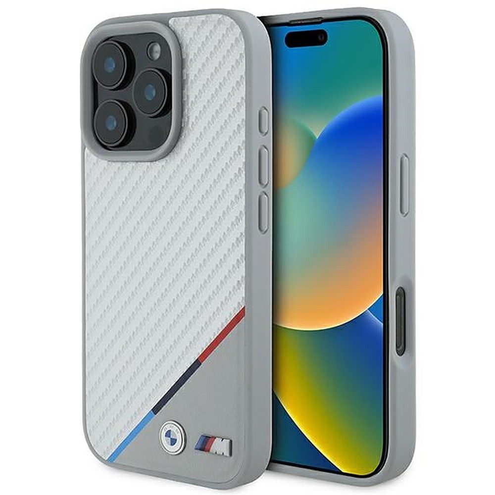 BMW Handyhülle Schutzhülle Magnethülle Hartschale 6,3 Zoll, Carbon-Optik, MagSafe, Tricolor-Streifen