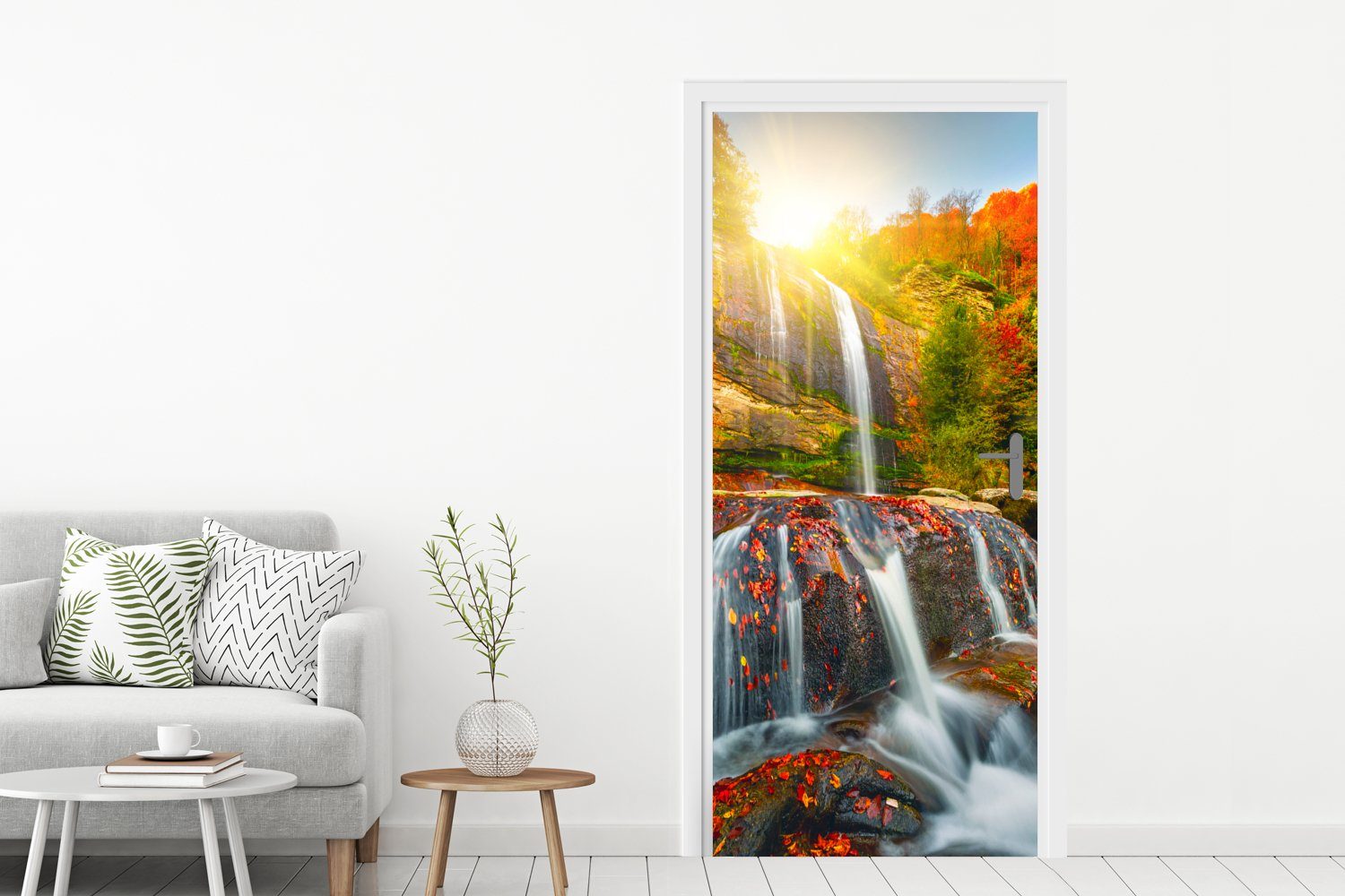 Wasserfall Tür, - für - Herbst Wasser, 75x205 MuchoWow Natur Matt, St), Türaufkleber, Fototapete cm Türtapete - Rot bedruckt, (1 -