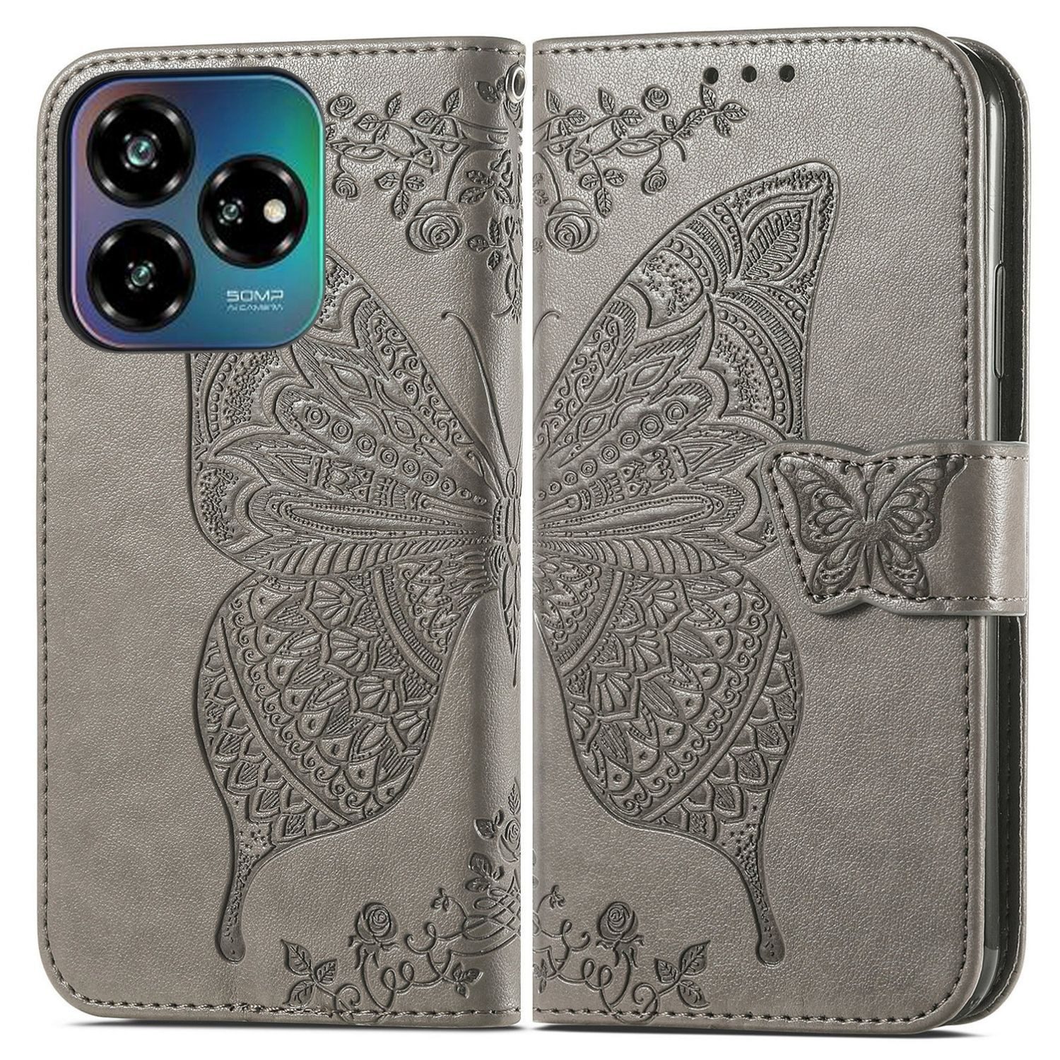 Wigento Smartphone-Hülle Für ZTE Blade V60 Vita / Axon 60 Lite Kunstleder Wallet Hülle Grau, Kunst-Leder Schutzhülle Smart Case Cover magnetischer Verschluss