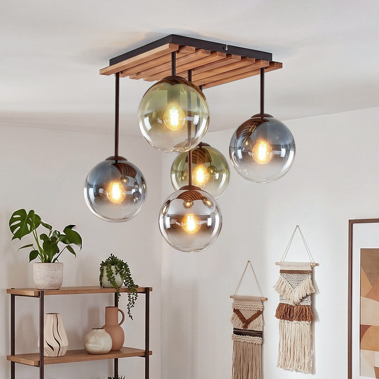 hofstein Deckenleuchte Deckenlampe aus Metall/Holz/Glas in Chrom-/Rauchfarben/Blau/Grün/Klar, moderne Deckenleuchte im Retro/Vintage/Boho-Design, 5 x E14