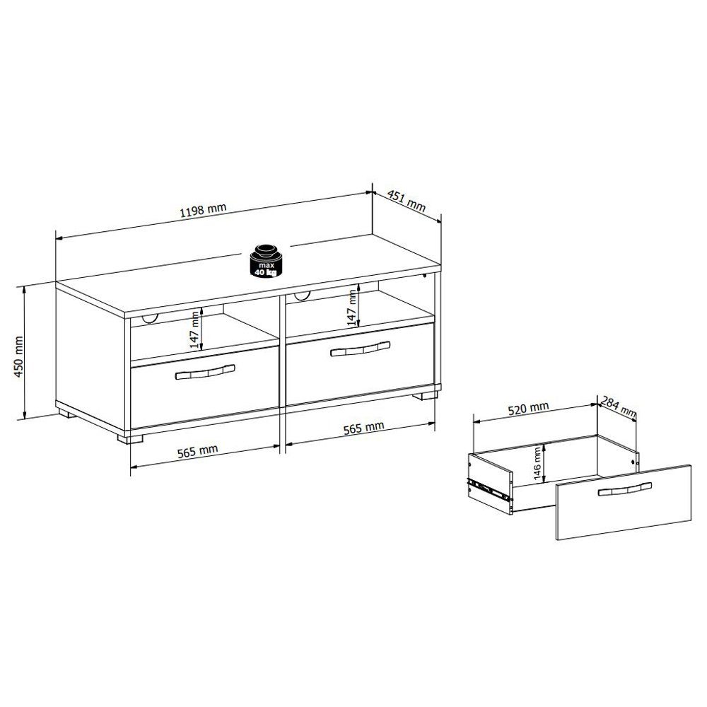 Eiche Lomadox Schrank MENFI-78, cm Jugendzimmer : mit Artisan in TV weiß, Lowboard Nb. 120/45/45