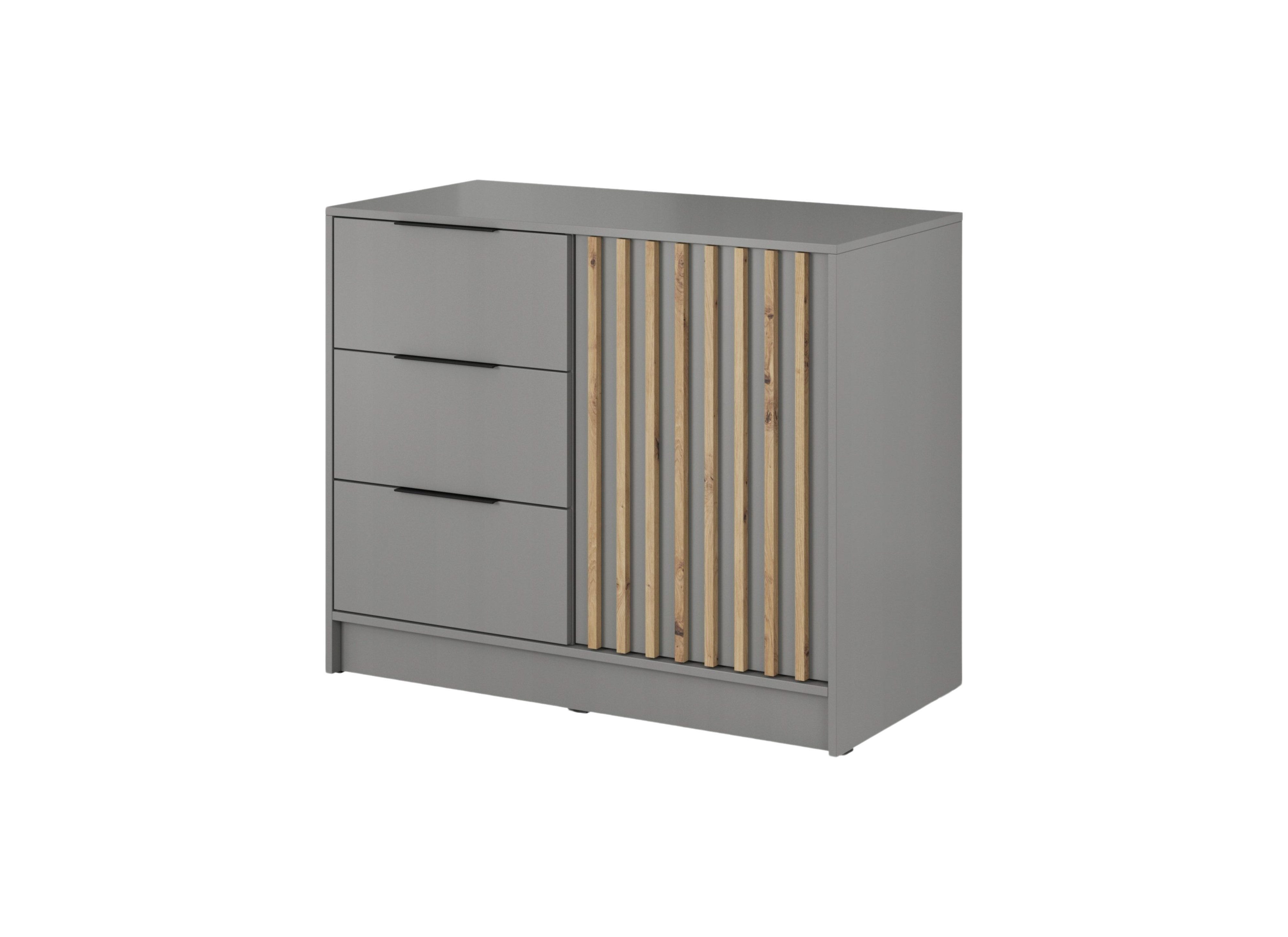 MOEBLO Kommode JOHN 2D (dekorative Lamellen Schrank Sideboard mit Türen und 3 Schubladen, Moderne Wohnzimmer Schlafzimmer Möbel Kommode für Wohnzimmer), (BxHxT): 105x86x45 cm