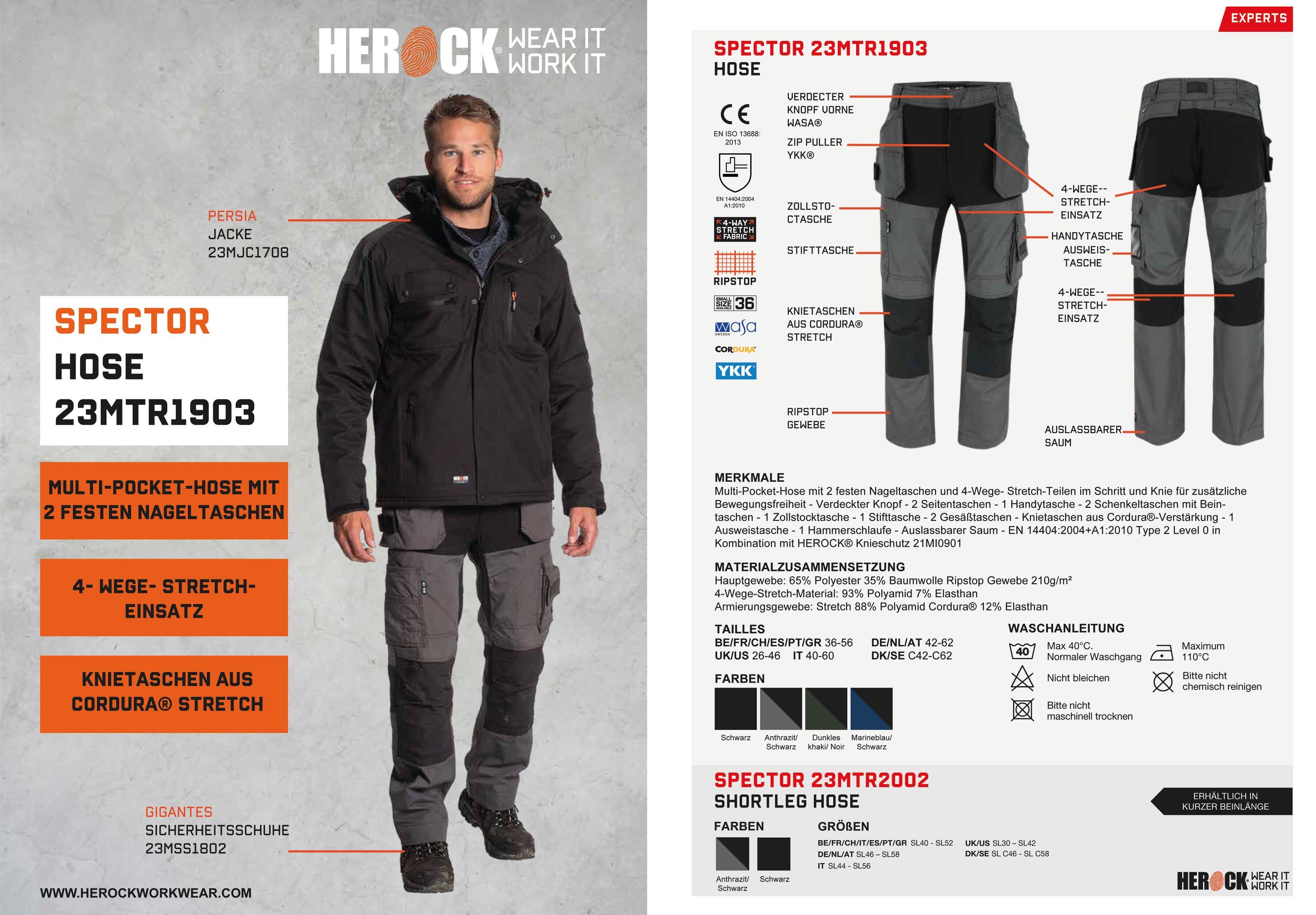 Herock Arbeitshose Spector Hose 2 Nageltaschen 4-Wege-Stretch-Teilen und Multi-Pocket-Hose mit festen grau-schwarz