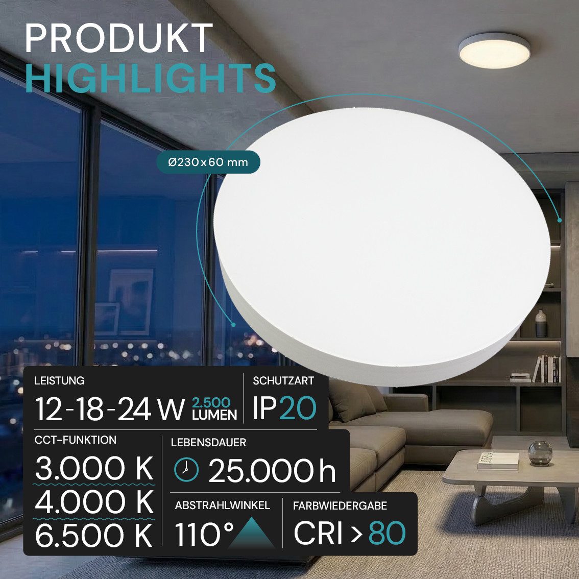 LUXULA Aufbauleuchte LUXULA LED Deckenleuchte 24 W CCT einstellbar Weiß, LED fest integriert, 3000- 6500K Warm- Kaltweiß, LED Deckenlampe rund Power-Select