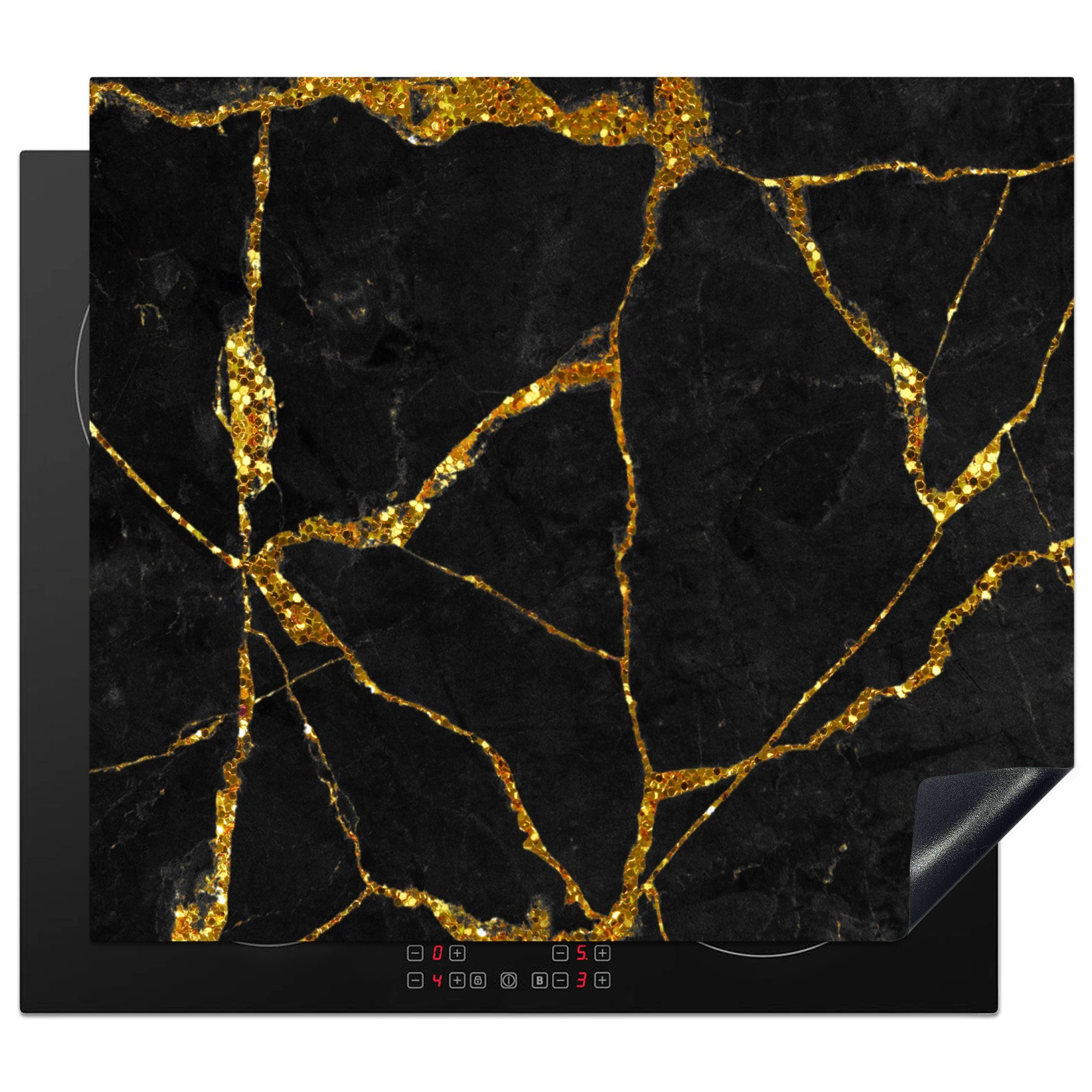 MuchoWow Herdblende-/Abdeckplatte Marmor - Gold - Schwarz - Marmoroptik - Glitter, Vinyl, (1 tlg), 57x51 cm, Induktionsschutz, Induktionskochfeld, Ceranfeldabdeckung