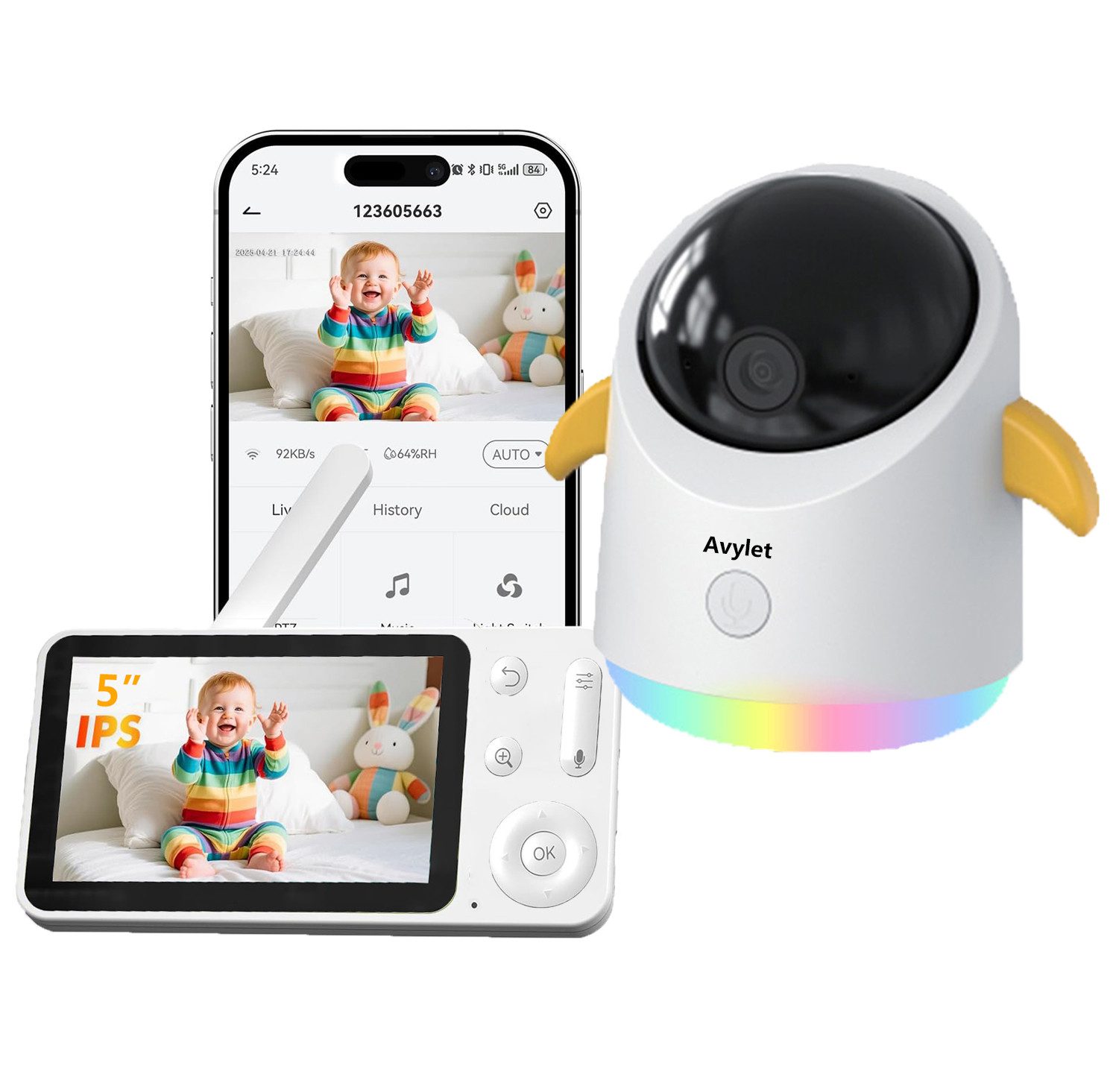 Babyphone Babyphone mit Kamera und App 2K/3MP 5" HD WLAN Video Babyfon