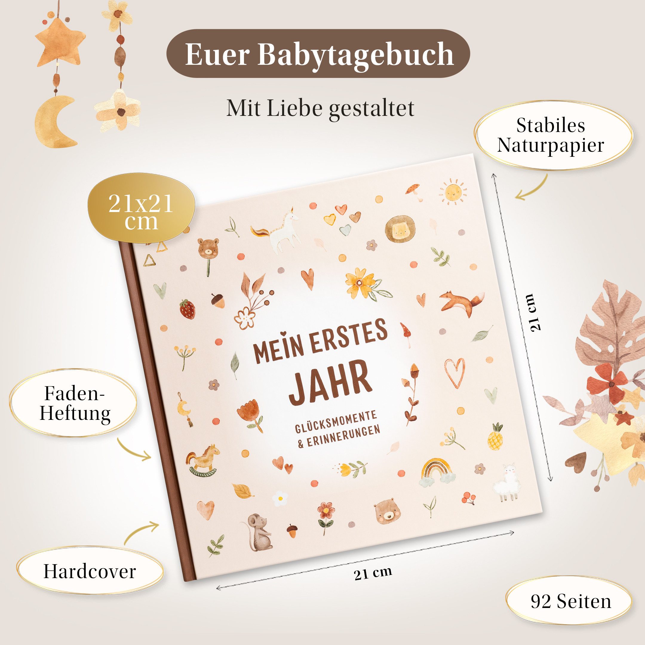 Eulentaler Tagebuch I Mein erstes Jahr Babyalbum I Von Pädagogen gestaltet im süßen Boho Stil, mit handgemalte Illustrationen & allen Meilensteinen