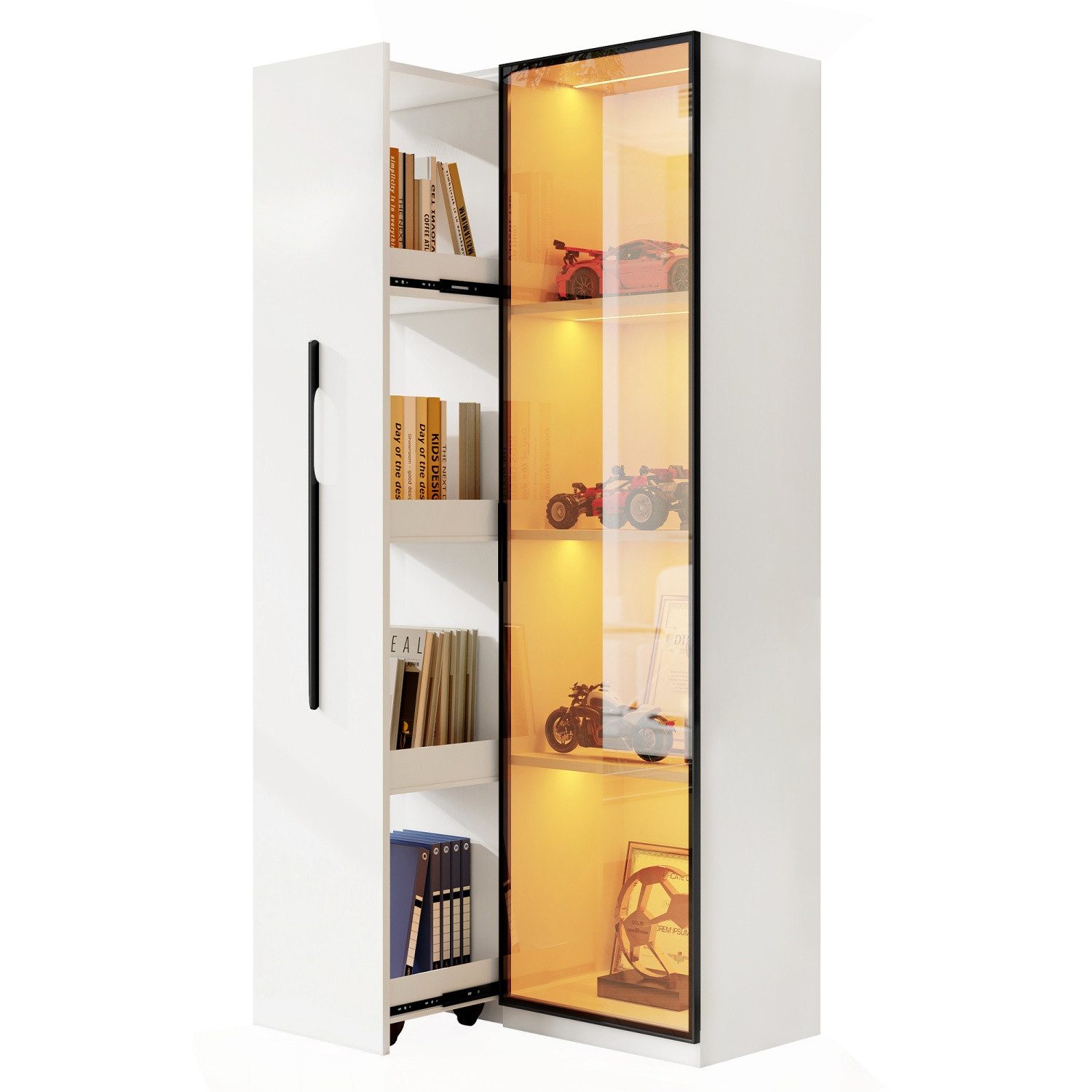 Fanttik Vitrine Stauraumvitrine mit LED & Glastür, 160 cm hoch (1 Tür,1 seitliche Schublade, mit Rollen und LED- Esszimmersch) Geeignet für Wohnzimmer, Arbeitszimmer, Küchen, Badezimmer oder Flure