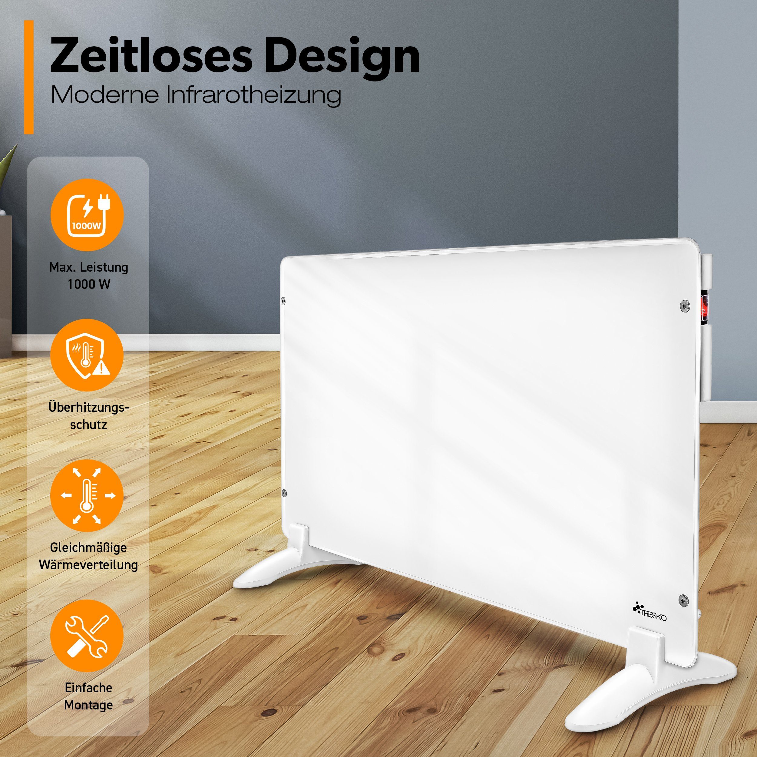 TRESKO Infrarotheizung TRESKO® Elektroheizung Wandheizung Glaskonvektor Heizkörper Wand, Infrarot