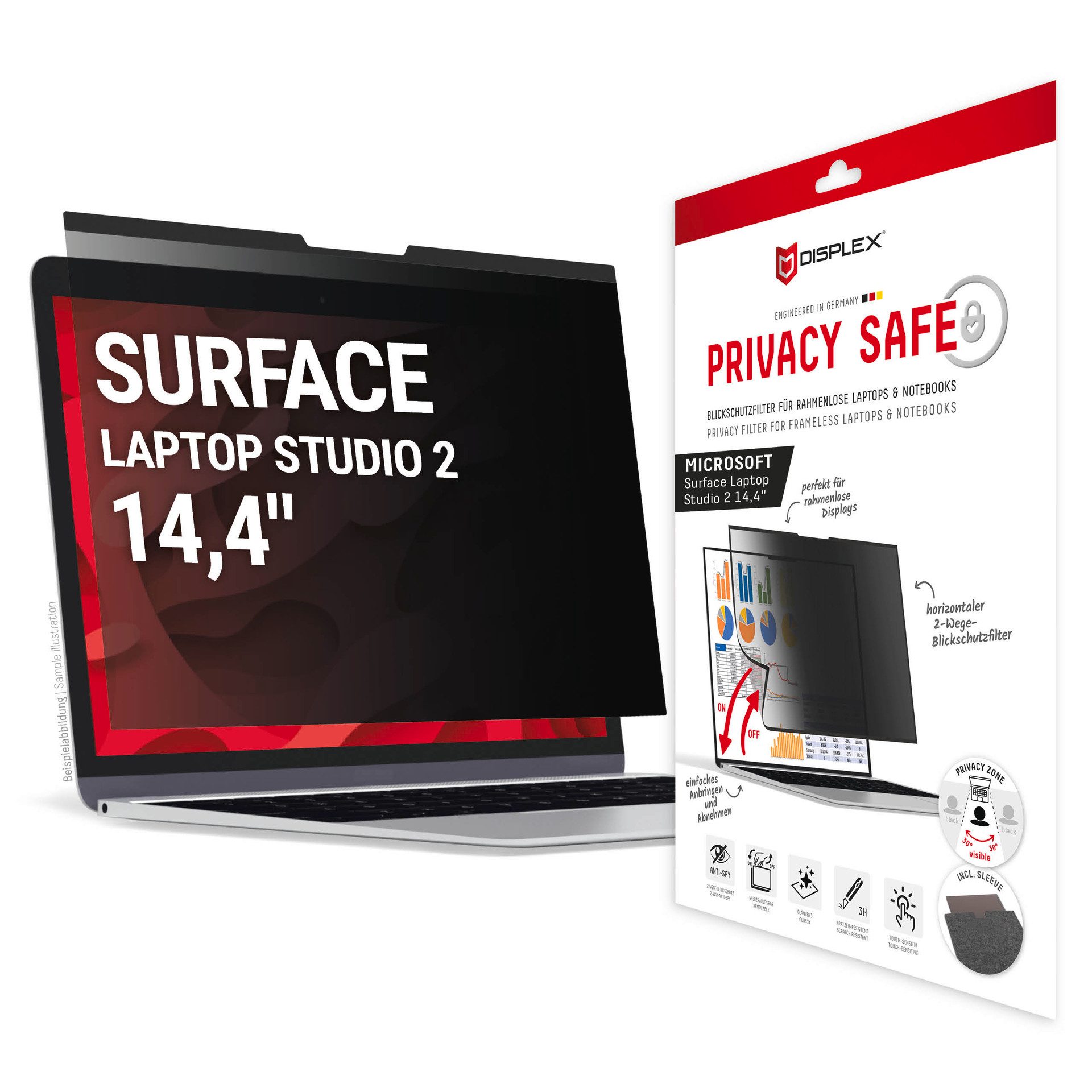 Displex Displayschutzfolie Privacy Safe 2-Wege Blickschutzfilter für Microsoft Surface Laptop Studio 2 14,4, Blickschutzfolie, Schutzfolie, Bildschirmschutz, kratz- & stoßfest