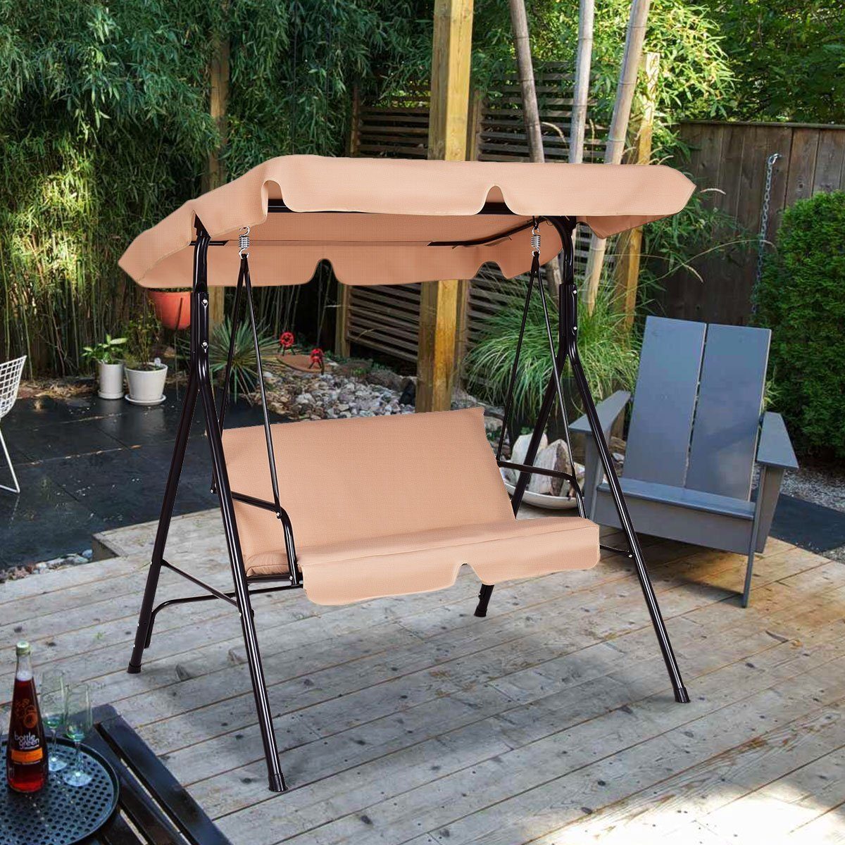 Beige 2-Sitzer Sonnendach, mit COSTWAY Gartenliege, Gartenschaukel, Hollywoodschaukel