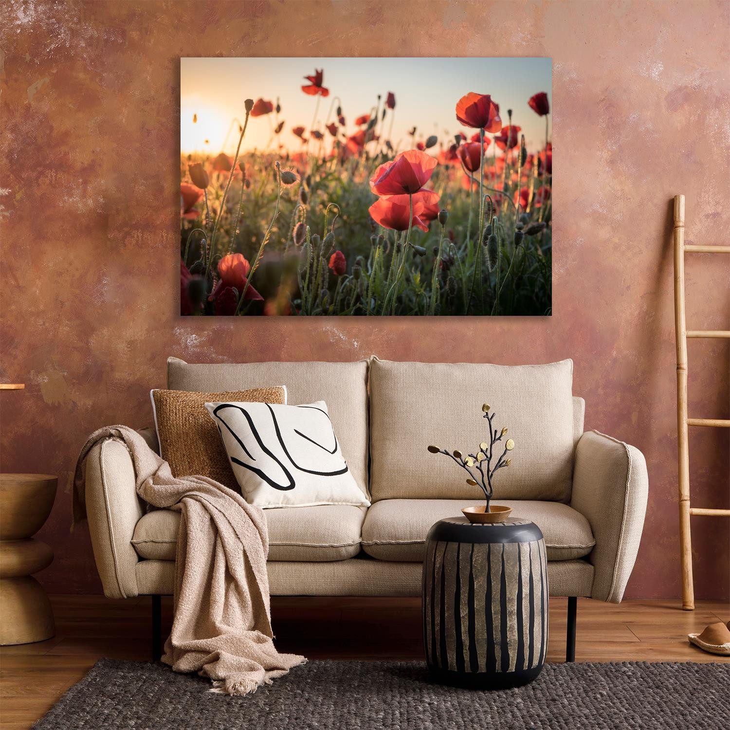 queence XXL-Wandbild Akustikbild Mohn Mohnfeld bei Sonnenaufgang, Изображения vom Sonnenuntergang & -aufgang, Blumen, Blumenbilder, Blumenwiese, Felder, Natur, Pflanzen, Pflanzenbilder (1 St), Einfache Akustiklösung ohne Baumaßnahme, Schalldämmung, Paneele