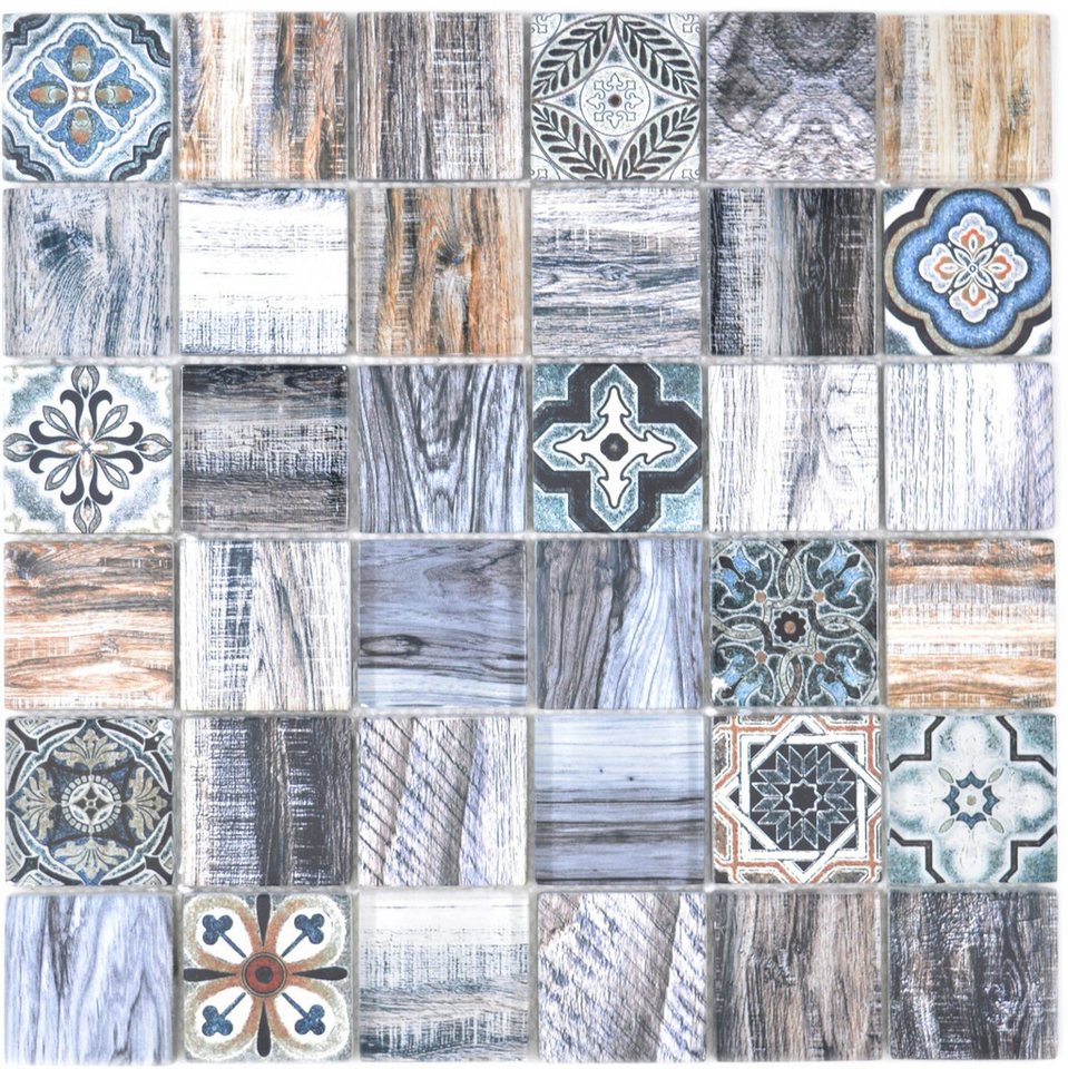 Thumbnail - Mosani Mosaikfliesen Mosaik Fliese Patchwork blau grau Holzoptik