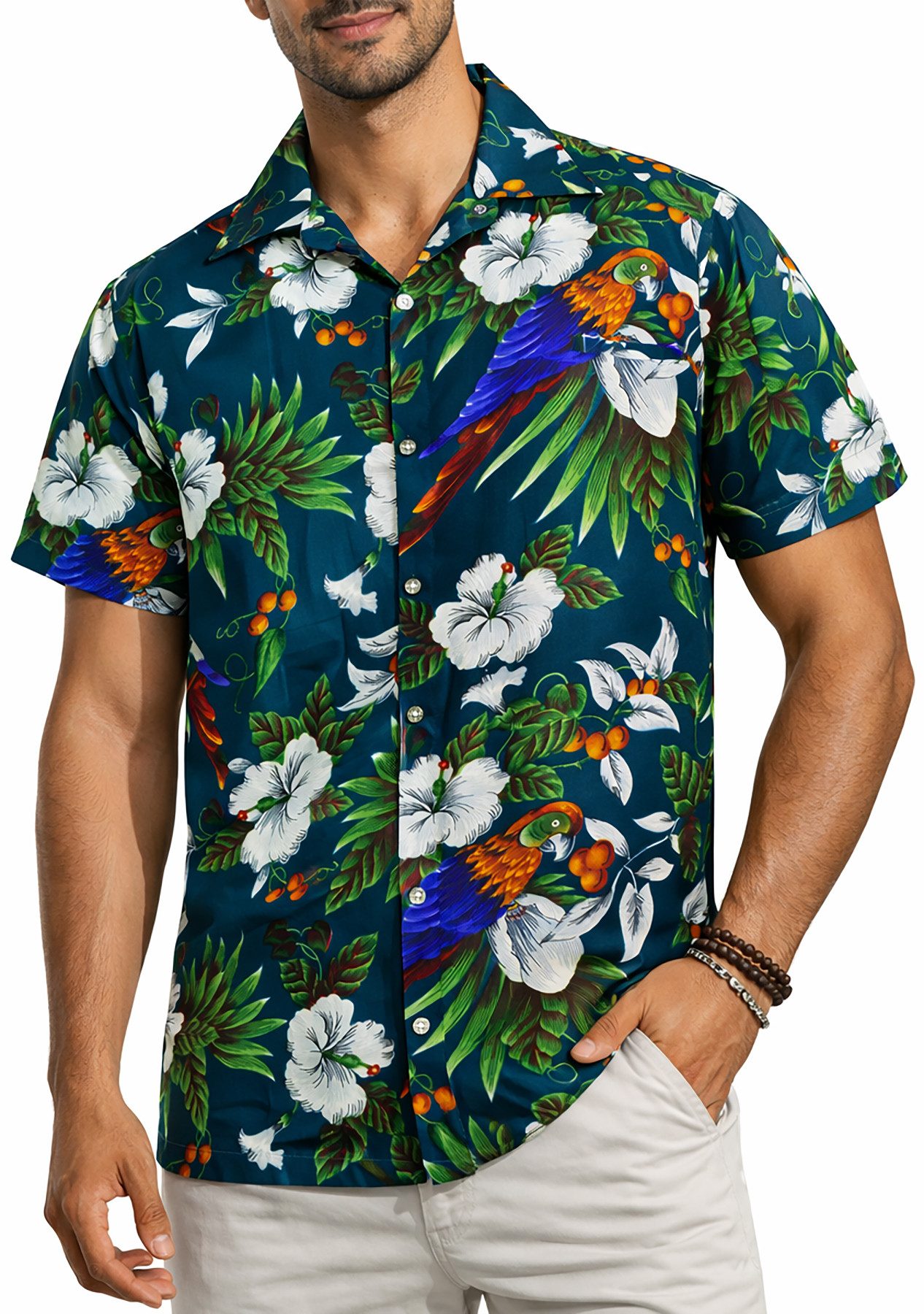 King Kameha Hawaiihemd "Cherry Parrot" Funky Hawaiihemd Herren Kurzarm Fronttasche Sommerhemd – Bild 3 von 5