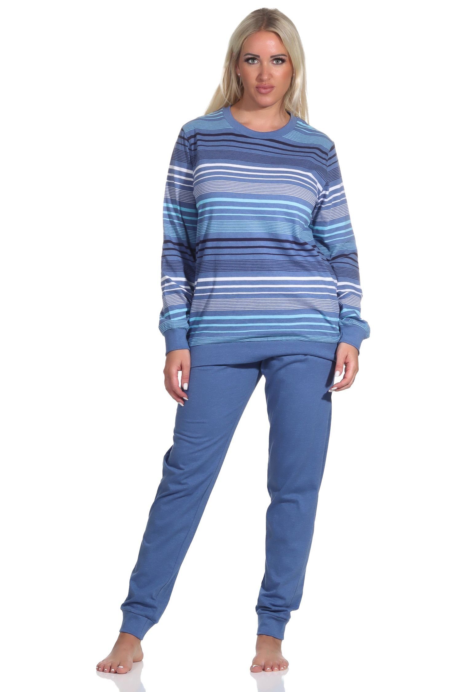 Normann Pyjama Damen Schlafanzug langarm Pyjama in Streifenoptik mit Bündchen blau-melange