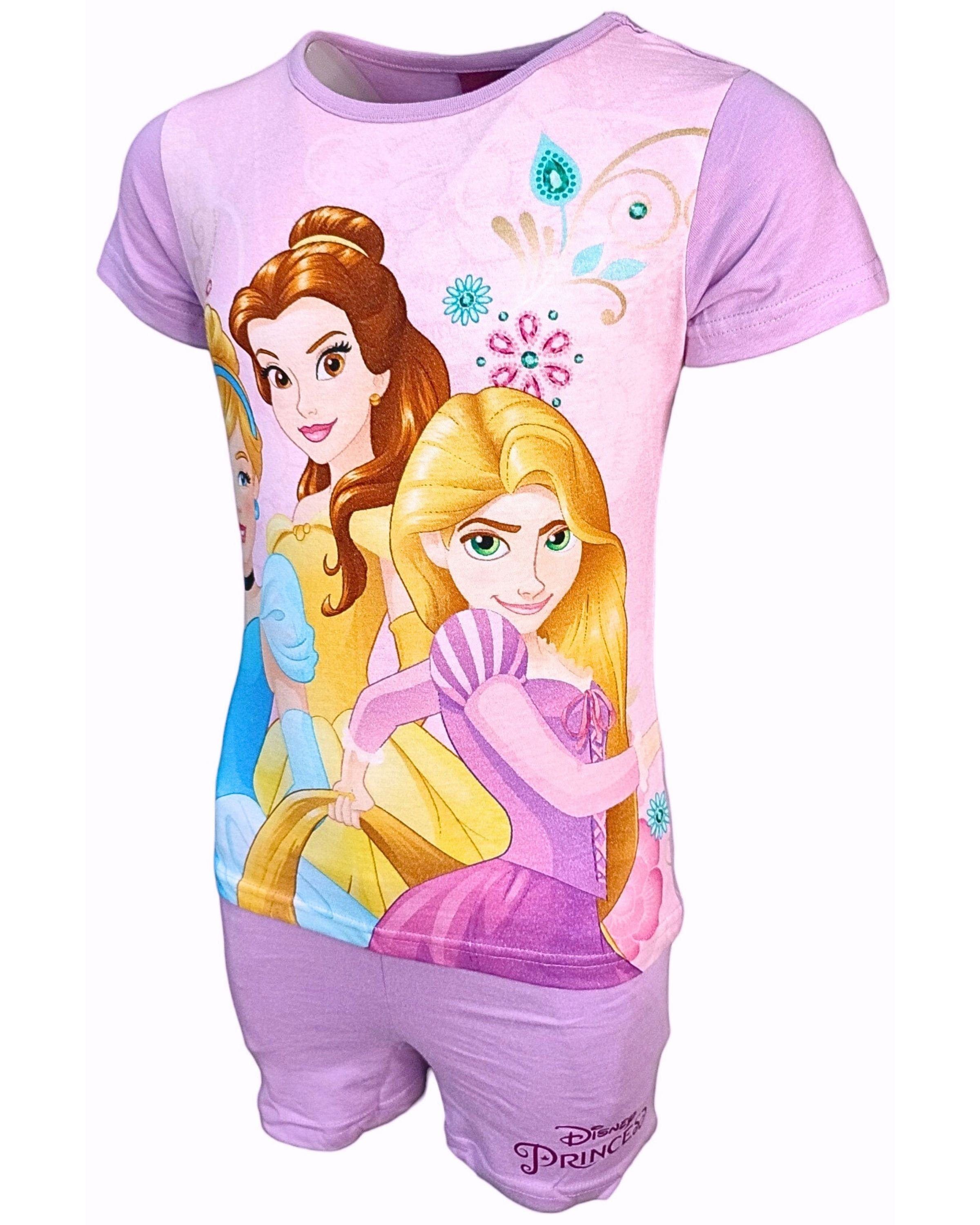 Set Mädchen & & (2 Lila tlg) Hose 128 Kurze Cinderella, Shorty 98 T-Shirt cm Rapunzel Belle Princess Disney - Gr.