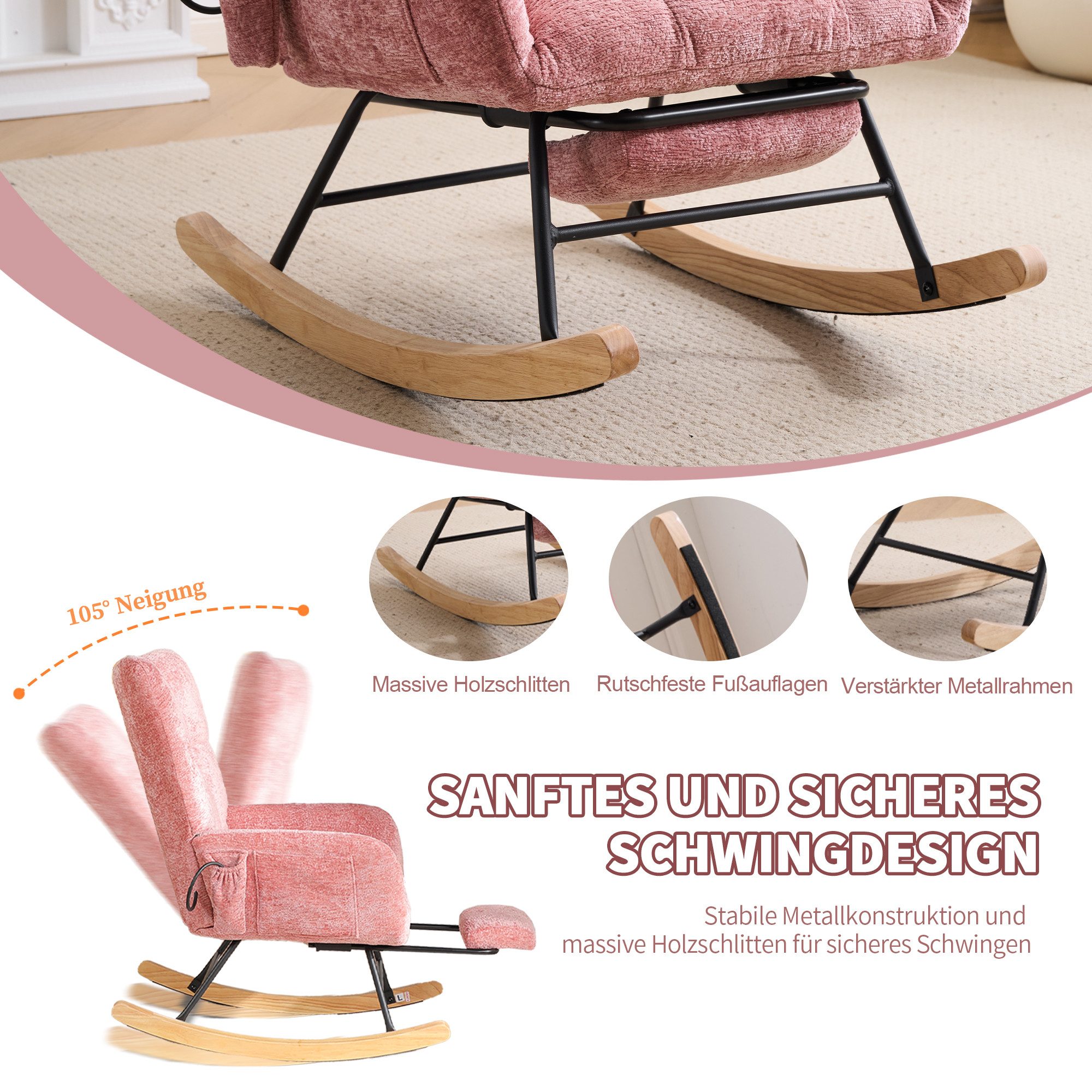 Vankel Schaukelstuhl Relaxsessel Chenille mit Fußstütze, Schaukelfunktion & Stauraum, Bequemer Schaukelstuhl mit Luftkissen-Rückenlehne für Wohnzimmer