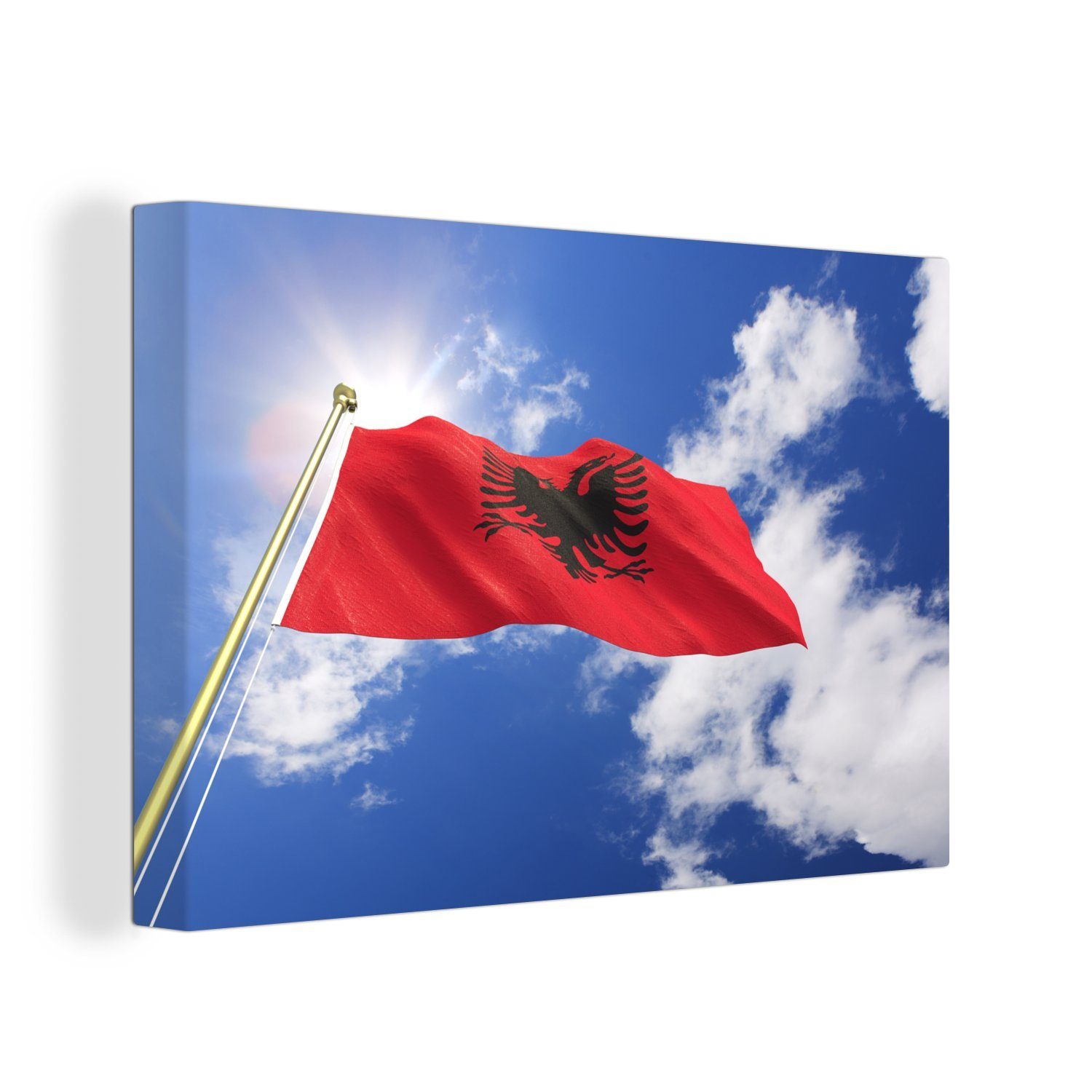 OneMillionCanvasses® Leinwandbild Flagge von Albanien mit blauem Himmel, (1 St), Wandbild Leinwandbilder, Aufhängefertig, Wanddeko, 30x20 cm