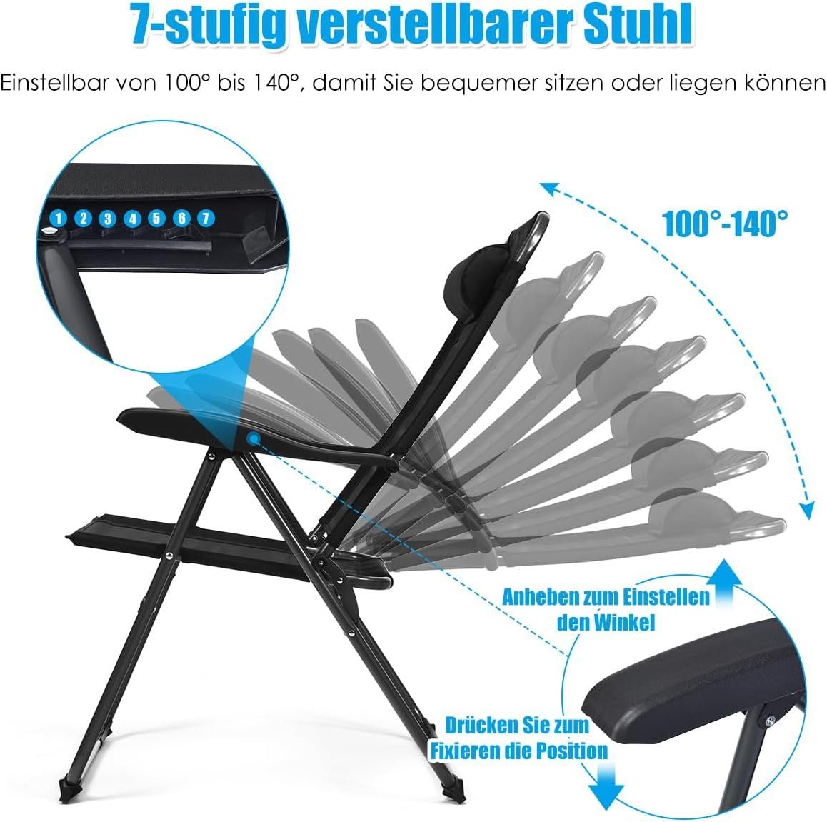 Faltbare Verstellbarer KOMFOTTEU Rückenlehne mit (2er Terrassenstühle Set), Klappstuhl 7-Fach schwarz