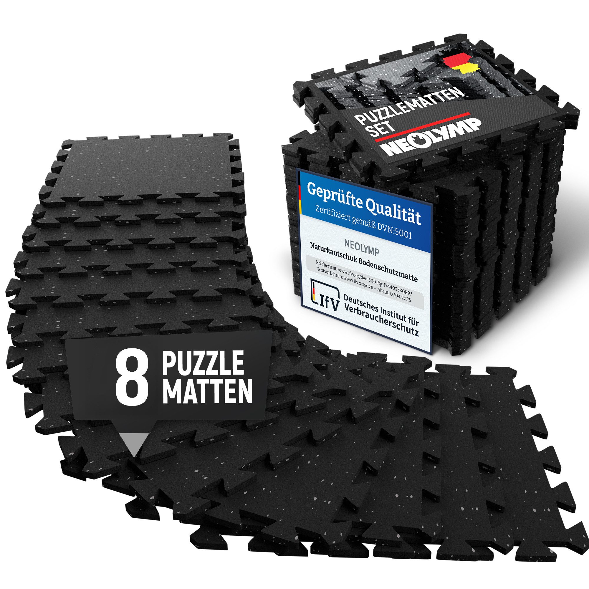 NEOLYMP Bodenmatte Robuste Bodenschutzmatte - Fitness - Schutzmatte Boden - Fitnessmatte (8 Puzzlestücke inkl. Randteile, 8 Schutzmatten Boden inklusive Randstücke - Puzzletechnik Sportmatte), Schützt Fußboden, Naturkautschuk, Studioqualität, Anti-Rutsch
