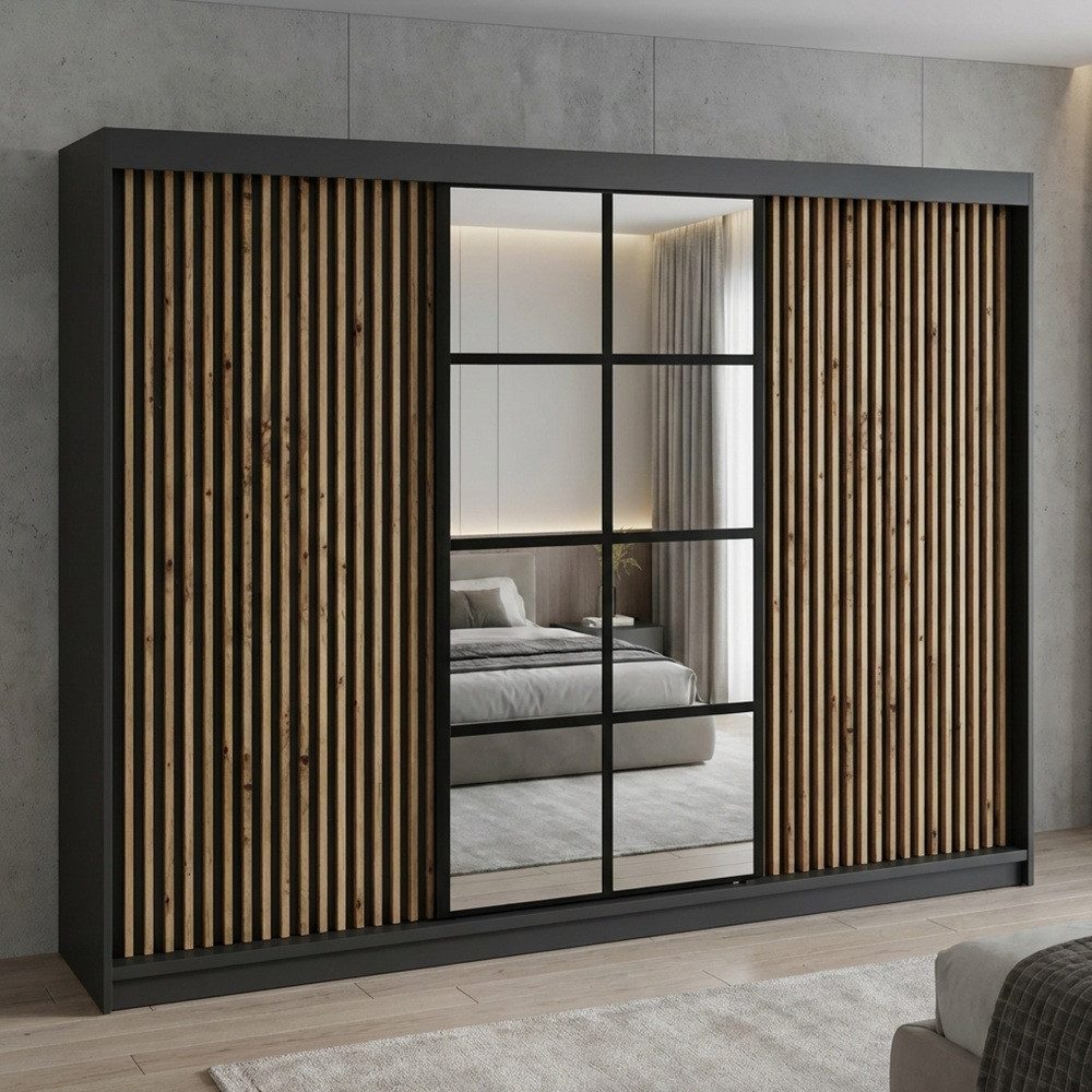A&J MöbelLand GmbH Schiebetürenschrank NORIVO 200 cm mit 3D-Lamellen und Spiegelfront (TOP ANGEBOT! Geräumiger Schrank mit einer Breite von 200 cm ideal zur Aufbewahrung von Kleidung und Accessoires. Wählen Sie das ideale Modell für Ihr Schlafzimmer!, TOP PRODUKT)