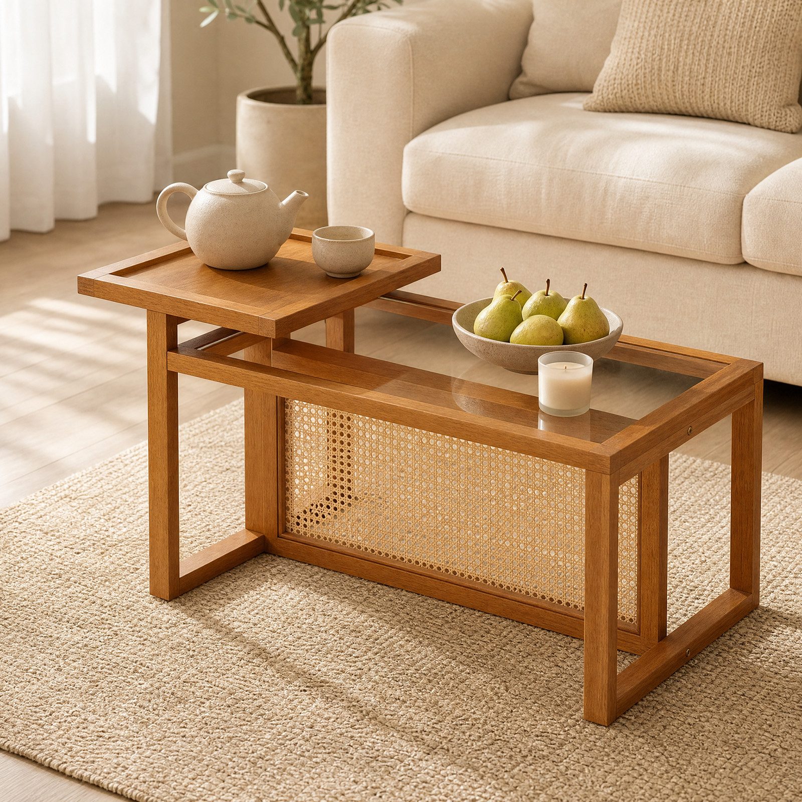 KOMFOTTEU Couchtisch Beistelltisch Wohnzimmertisch Kaffeetisch, mit 2 Ebenen, aus Rattan