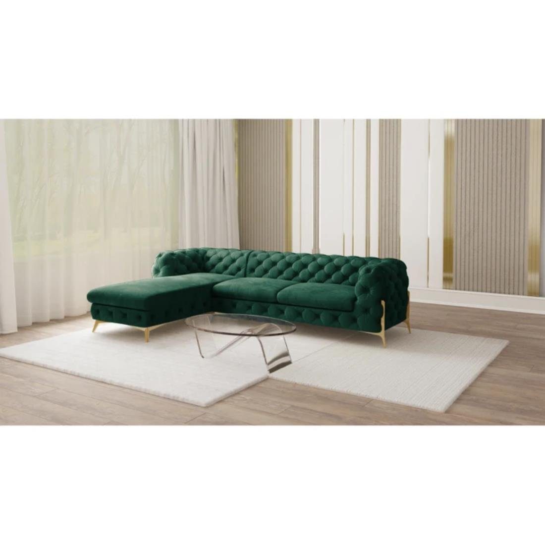 S-Style Möbel Ecksofa Ashley mit Ottomane, Chesterfield mit Goldenen Metall Füßen, Ottomane links oder rechts bestellbar, mit Wellenfederung