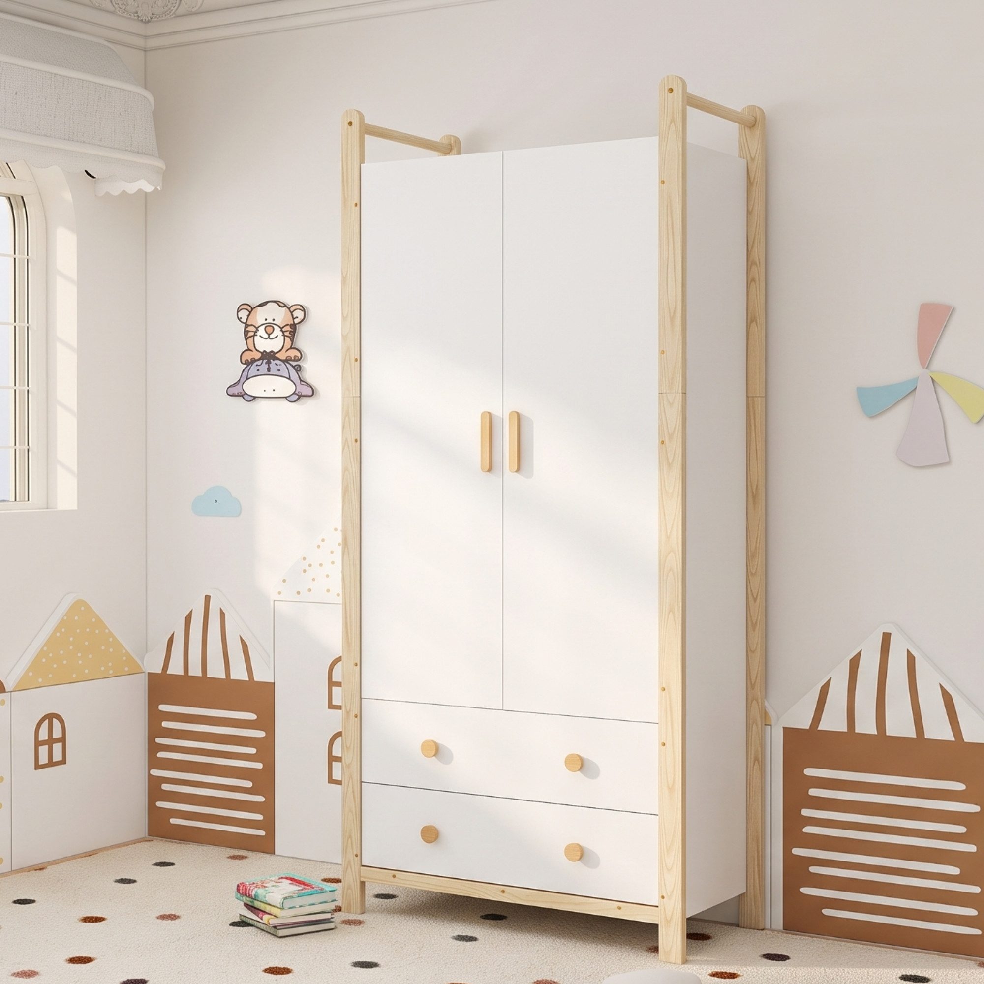 Ulife Kleiderschrank 90×45×180 cm, 2-türiger, mit Kleiderstange, 2 Schubladen (2-St) Flurgarderobe geeignet, aus Spanplatte, weißer Körper + Kieferrahmen – Bild 3 von 5