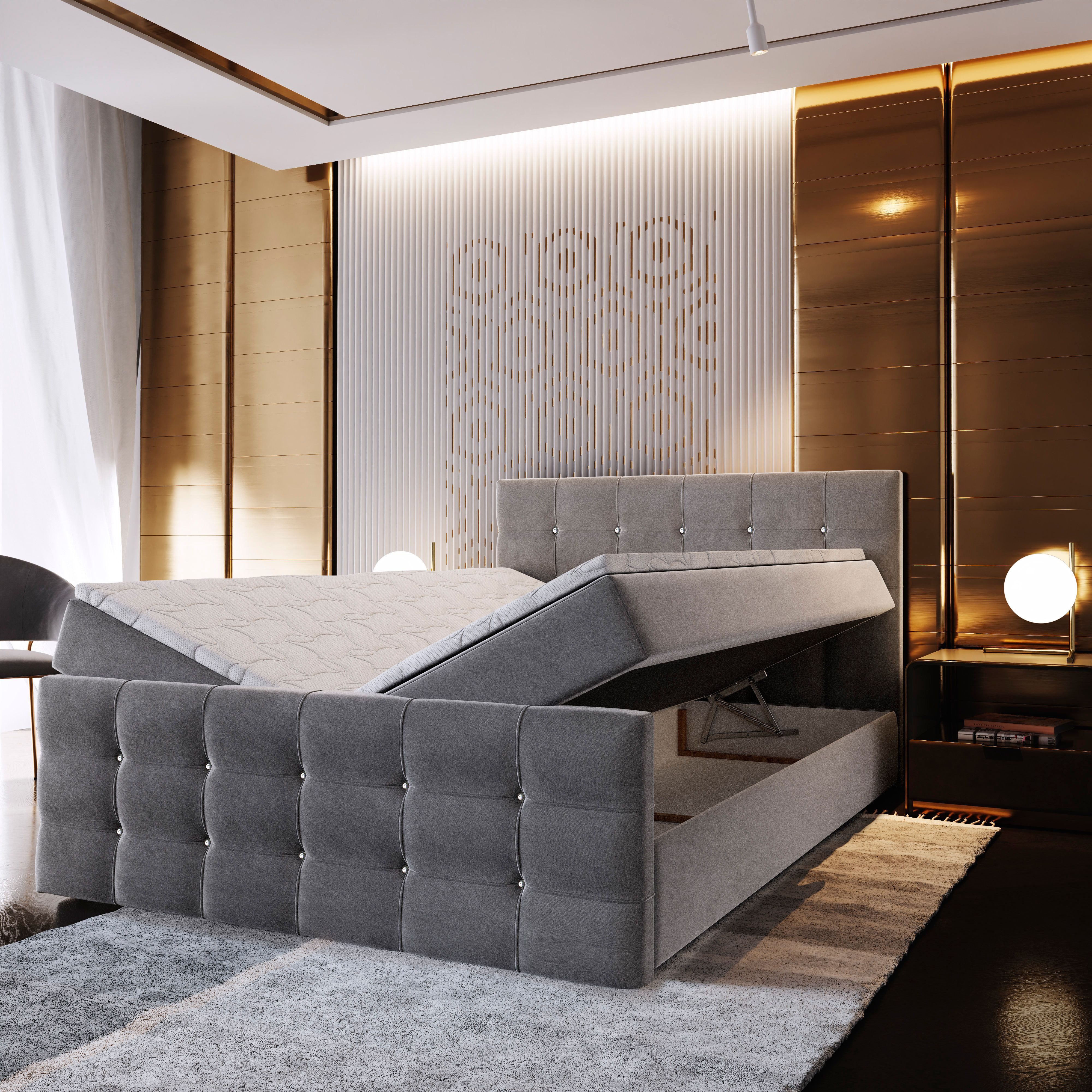 Masseno Boxbett SLAT 160x200 cm mit Bonell Matratze und Topper, Doppelbett, Polsterbett mit Kopfteil, Boxspringbett