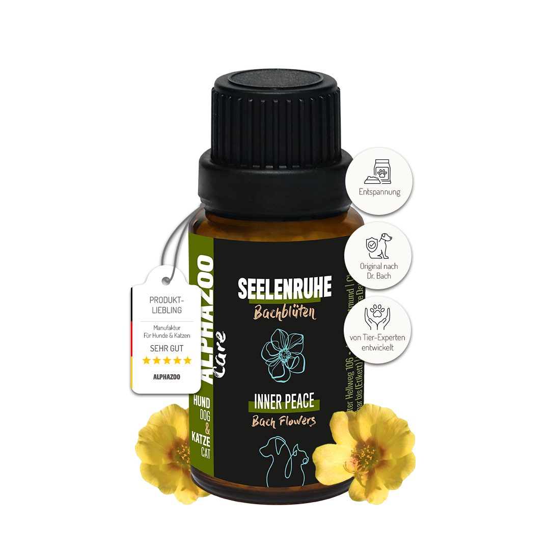 ALPHAZOO Seelenruhe Bachblüten 15g, Globuli - Beruhigung - für Hunde und Katzen, Ergänzungsfutter für: Katzen, Hunde, Perfekt bei Stress, Unruhe und langen Autofahrten