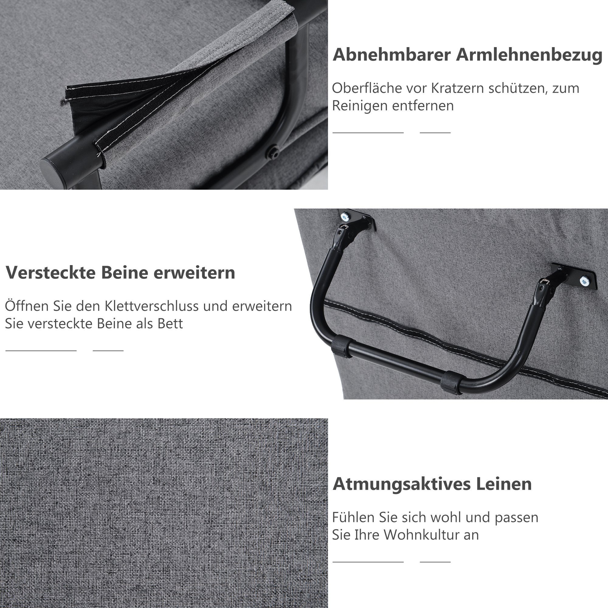 Daybett (Relaxsessel Sessel mit Schlaffunktion und Liegefunktion), Schlafsessel mit Armlehnen und Kissen, abnehmbarer Bezug aus Leinen