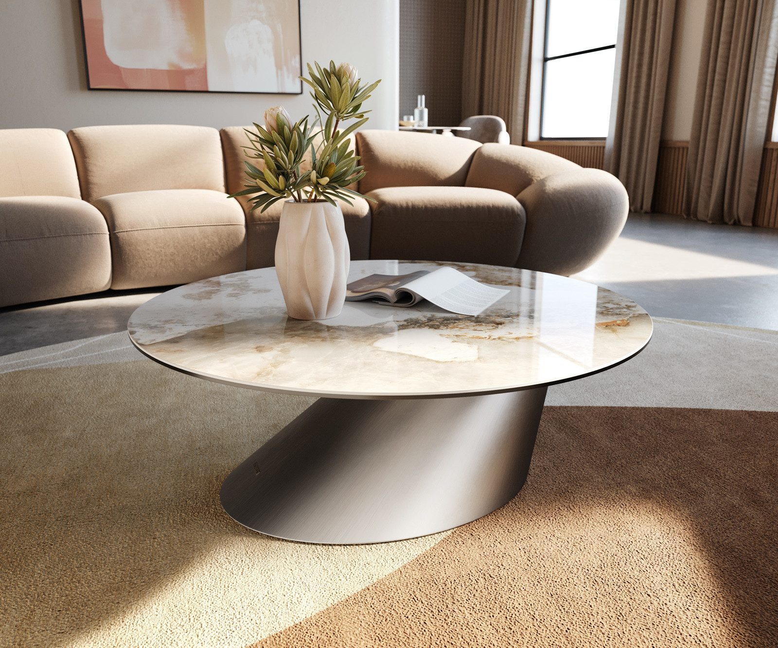 DELIFE Couchtisch Edge, Rund 90x90 cm Keramik Minas Melange Conis Edelstahl gebürstet