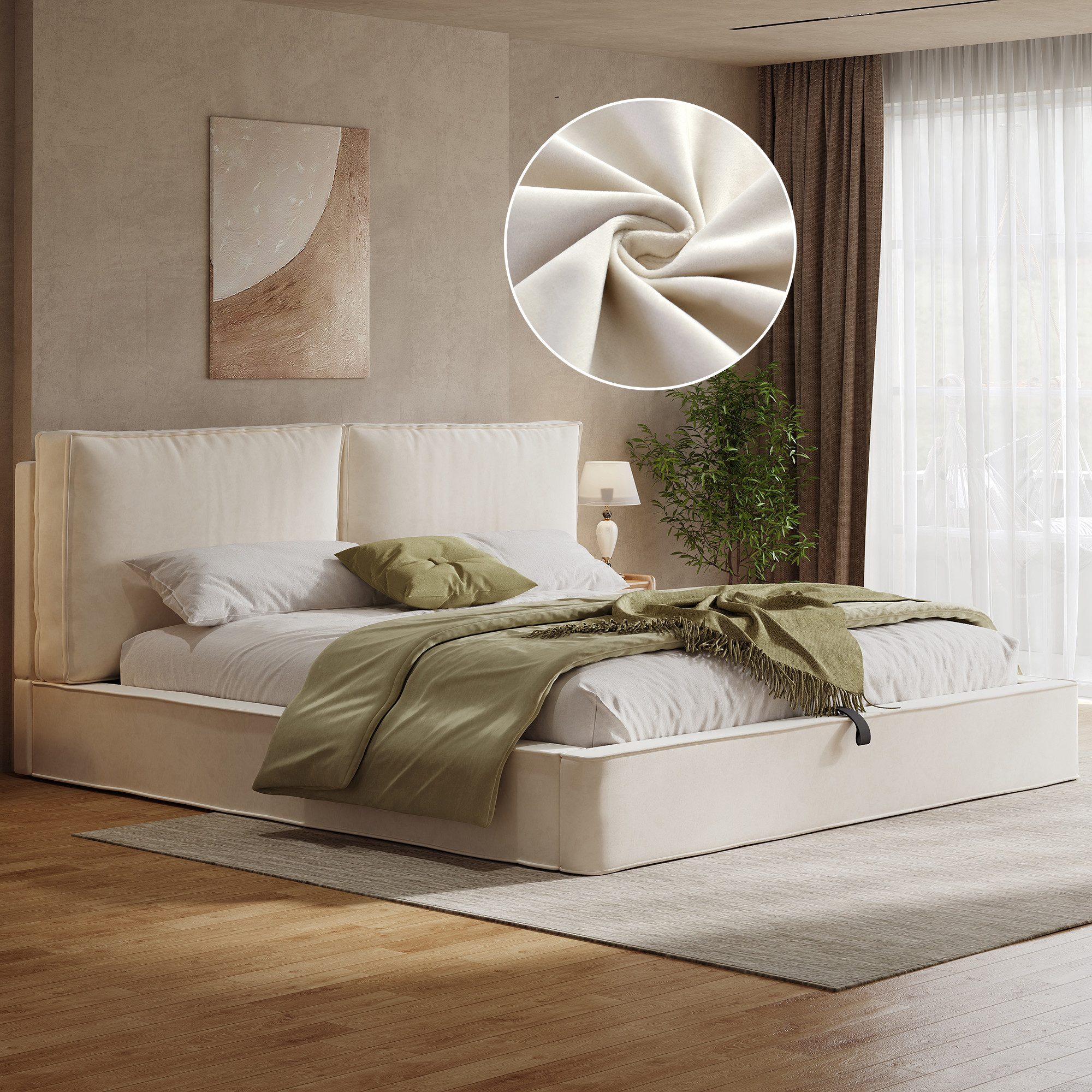 KLAM HOME Polsterbett Beiges Polsterbett aus Chenille mit gepolstertem hohem Kopfteil (Doppelbett 180x200cm mit Hydraulik-Stauraum und Lattenrost), Funktionsbett mit Unterbettstauraum für aufgeräumtes Schlafzimmer