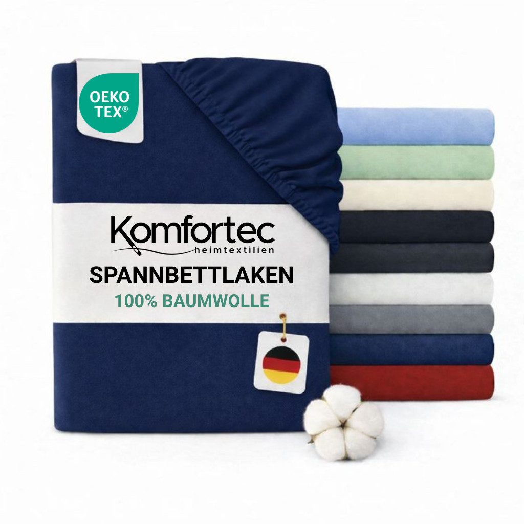 Komfortec Spannbettlaken Jersey Spannbettuch, 90x200, 140x200, 160x200, 180x200 oder 200x200 cm, 100% Baumwolle (135 g/m), Gummizug: Rundum, (1 Stück), OEKO-TEX® Standard 100 Zertifisiert, für Matratzen bis 25 cm Höhe